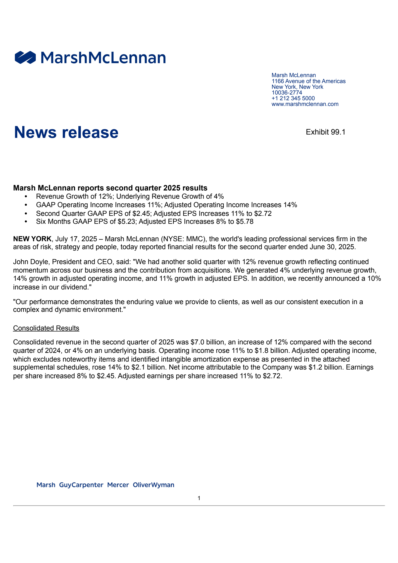 Marsh & McLennan Companies' Q2 2025 Press Release