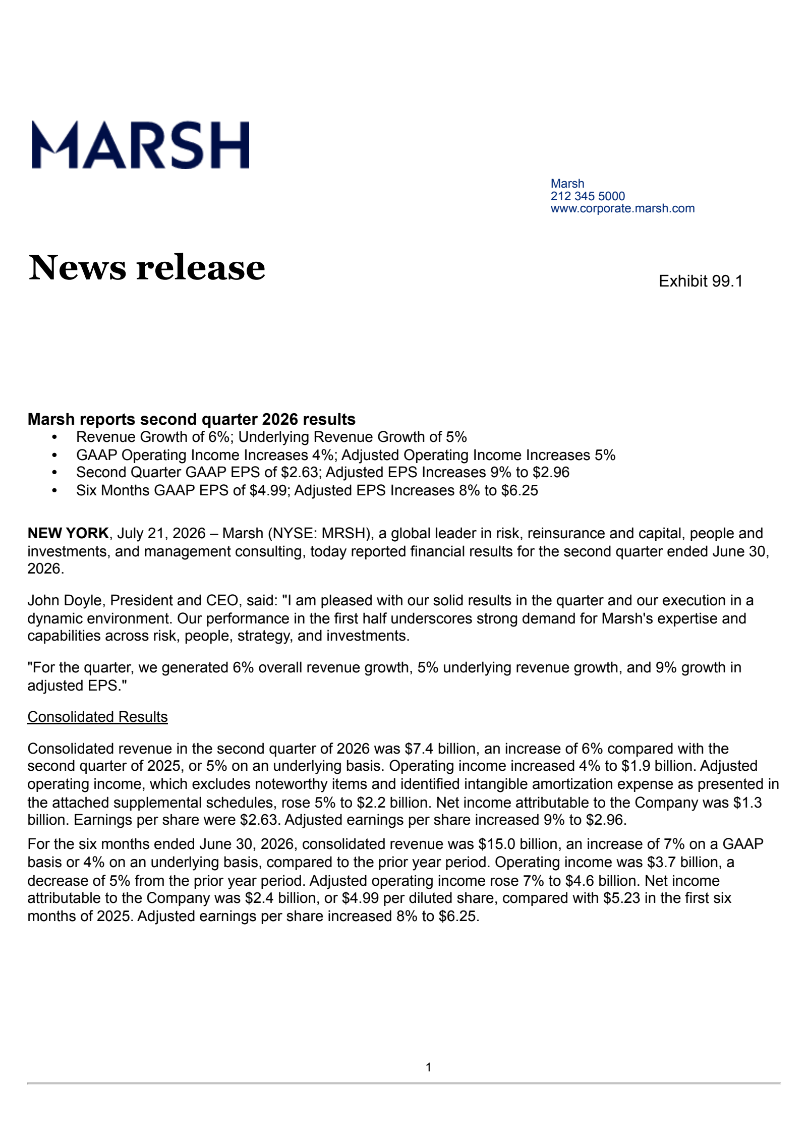 Marsh & McLennan Companies' Q2 2026 Press Release