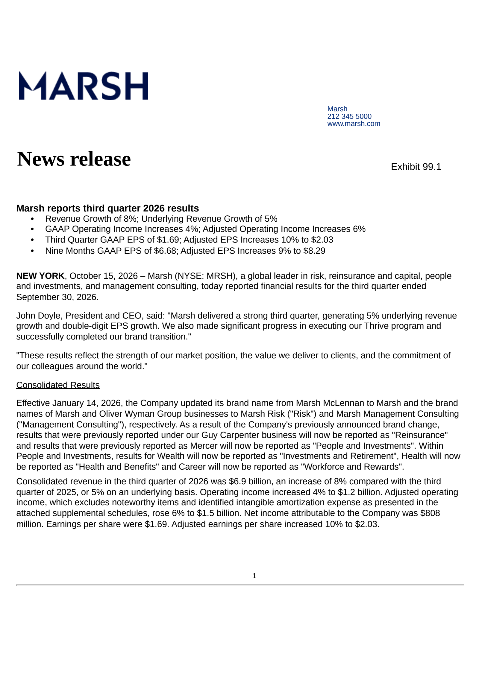 Marsh & McLennan Companies' Q3 2026 Press Release
