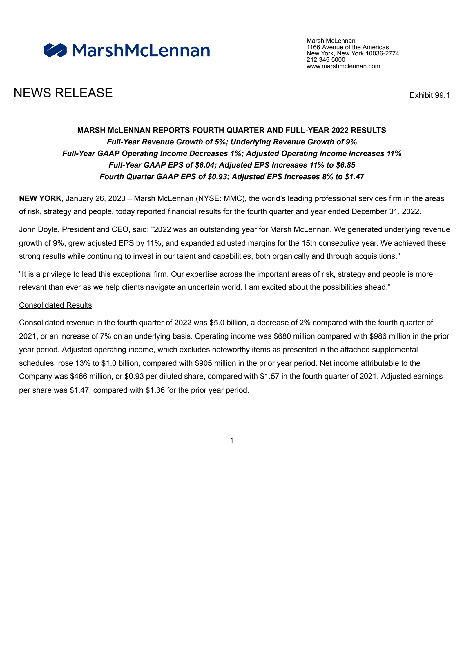 Marsh & McLennan Companies' Q4 2022 Earnings Release