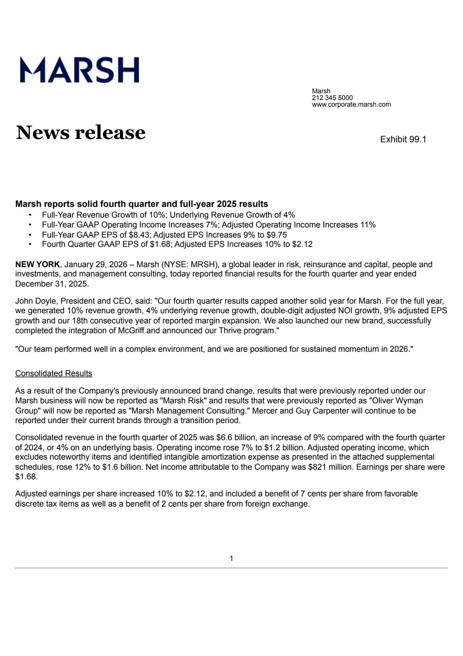 Marsh & McLennan Companies' Q4 2025 Press Release