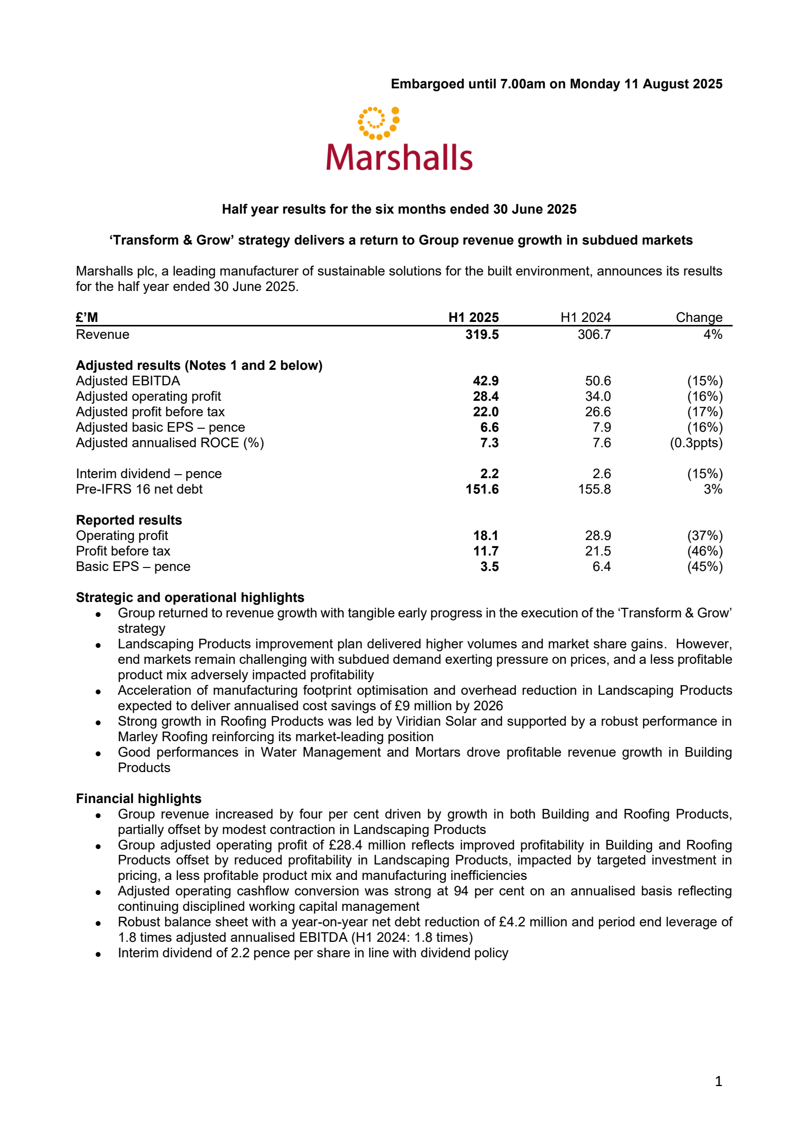 Marshalls' H1 2025 Interim report