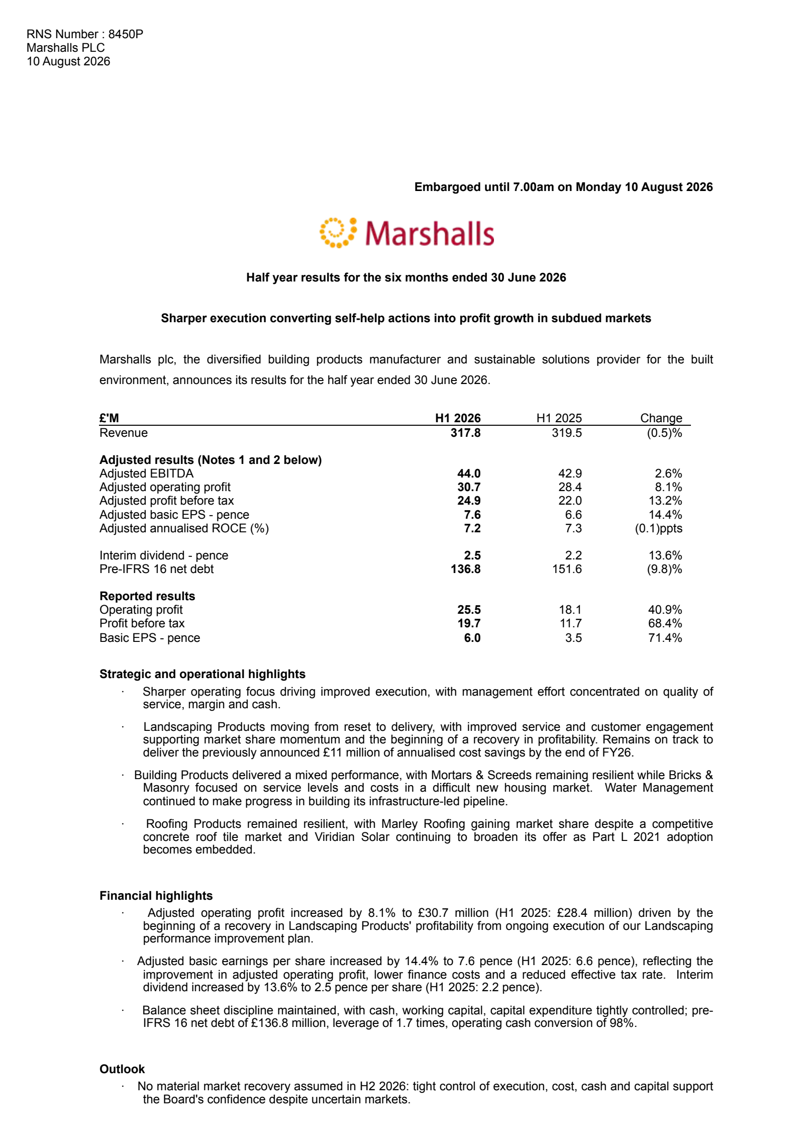 Marshalls' H1 2026 Interim report
