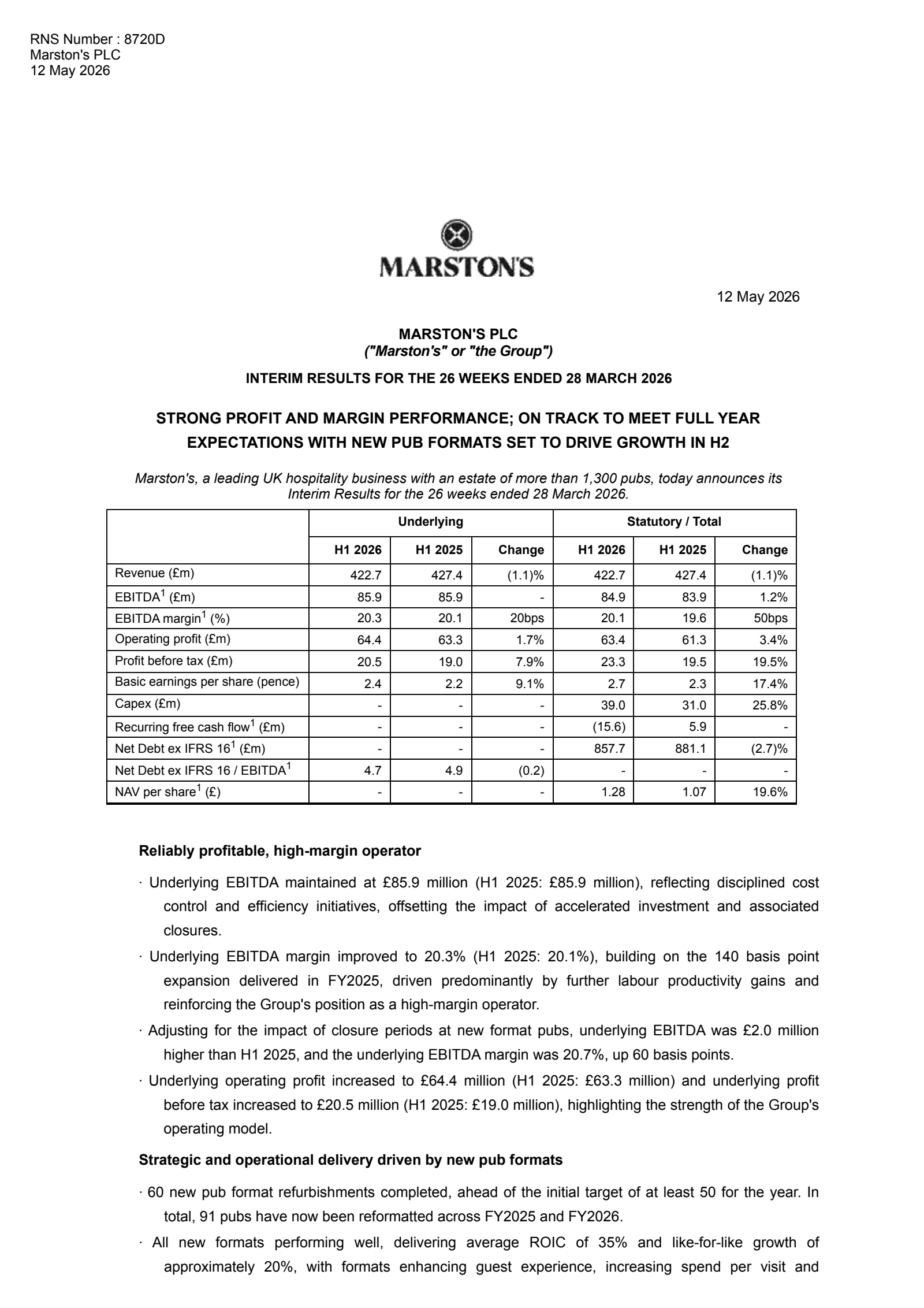 Marston's' H1 2026 Interim report