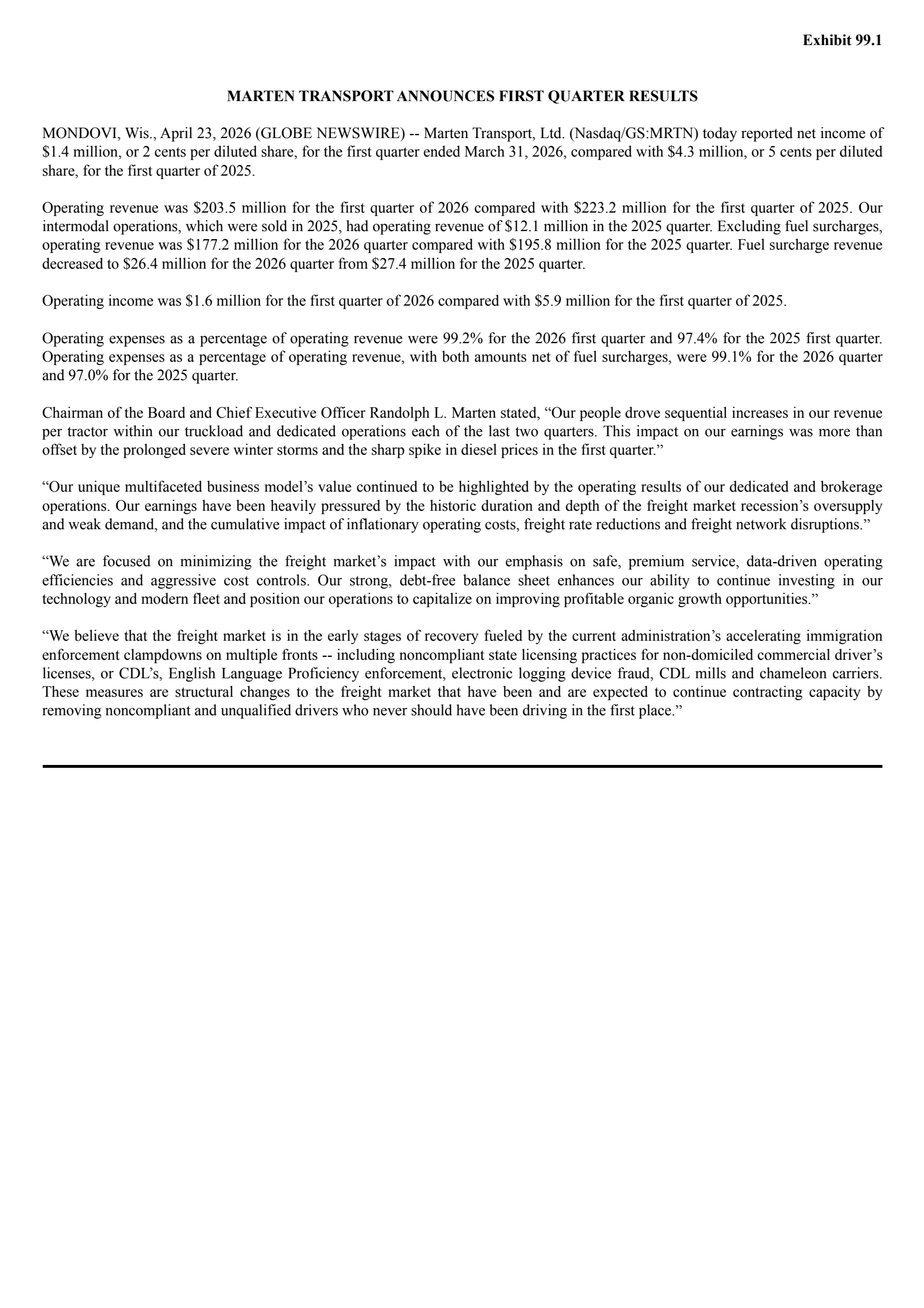 Marten Transport's Q1 2026 Press Release