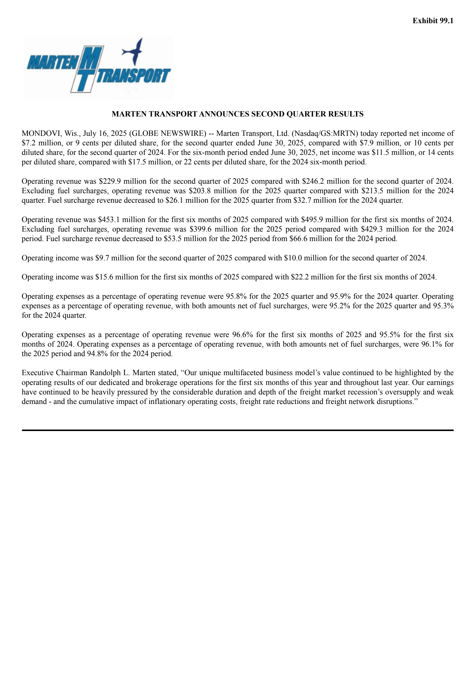 Marten Transport's Q2 2025 Press Release