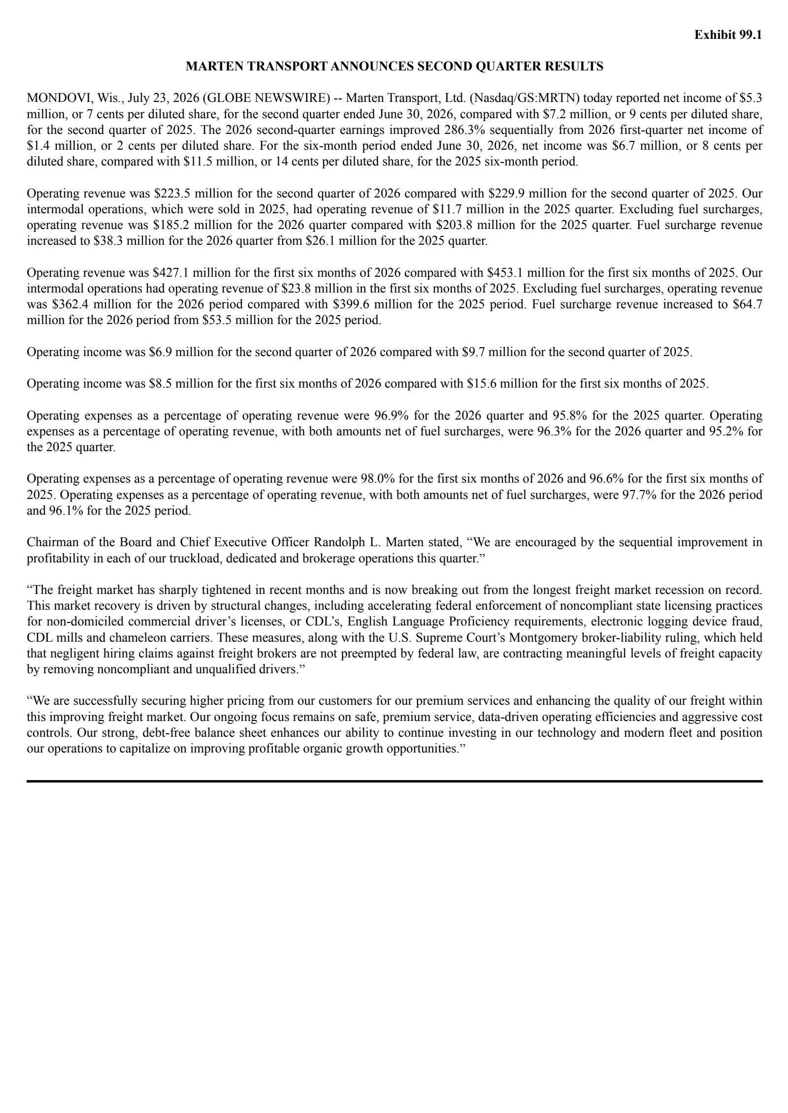 Marten Transport's Q2 2026 Press Release