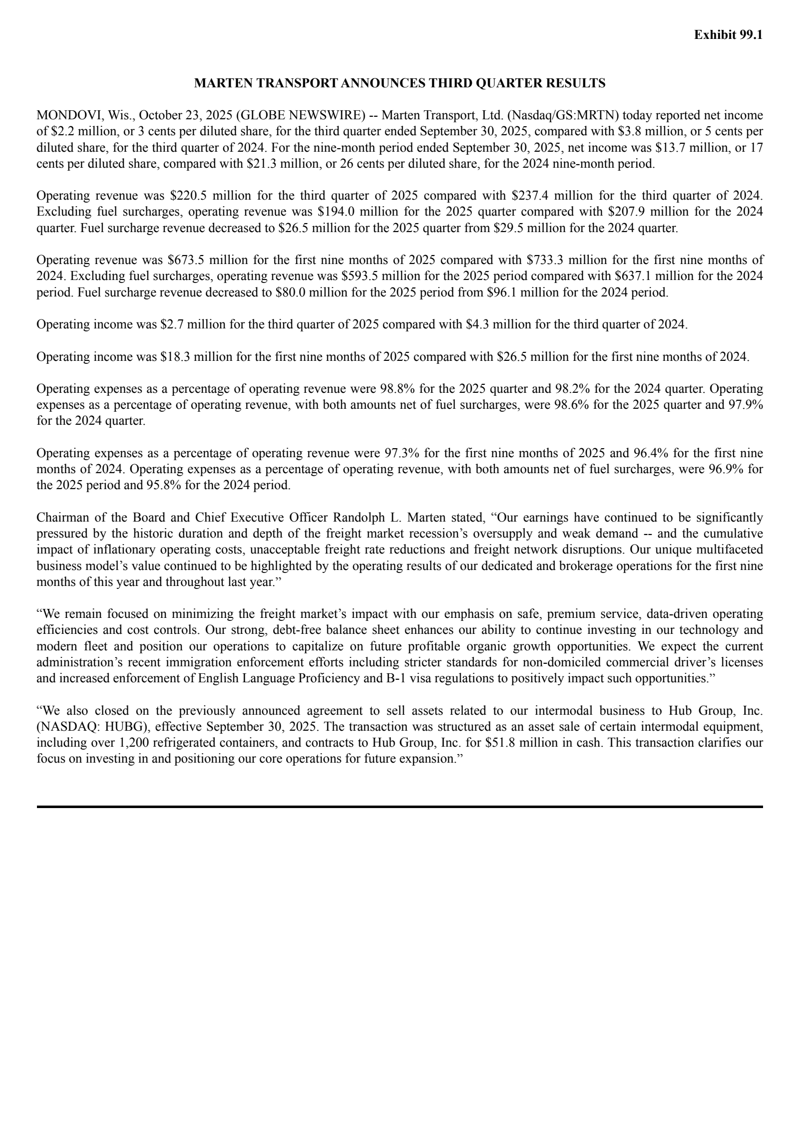 Marten Transport's Q3 2025 Earnings Release