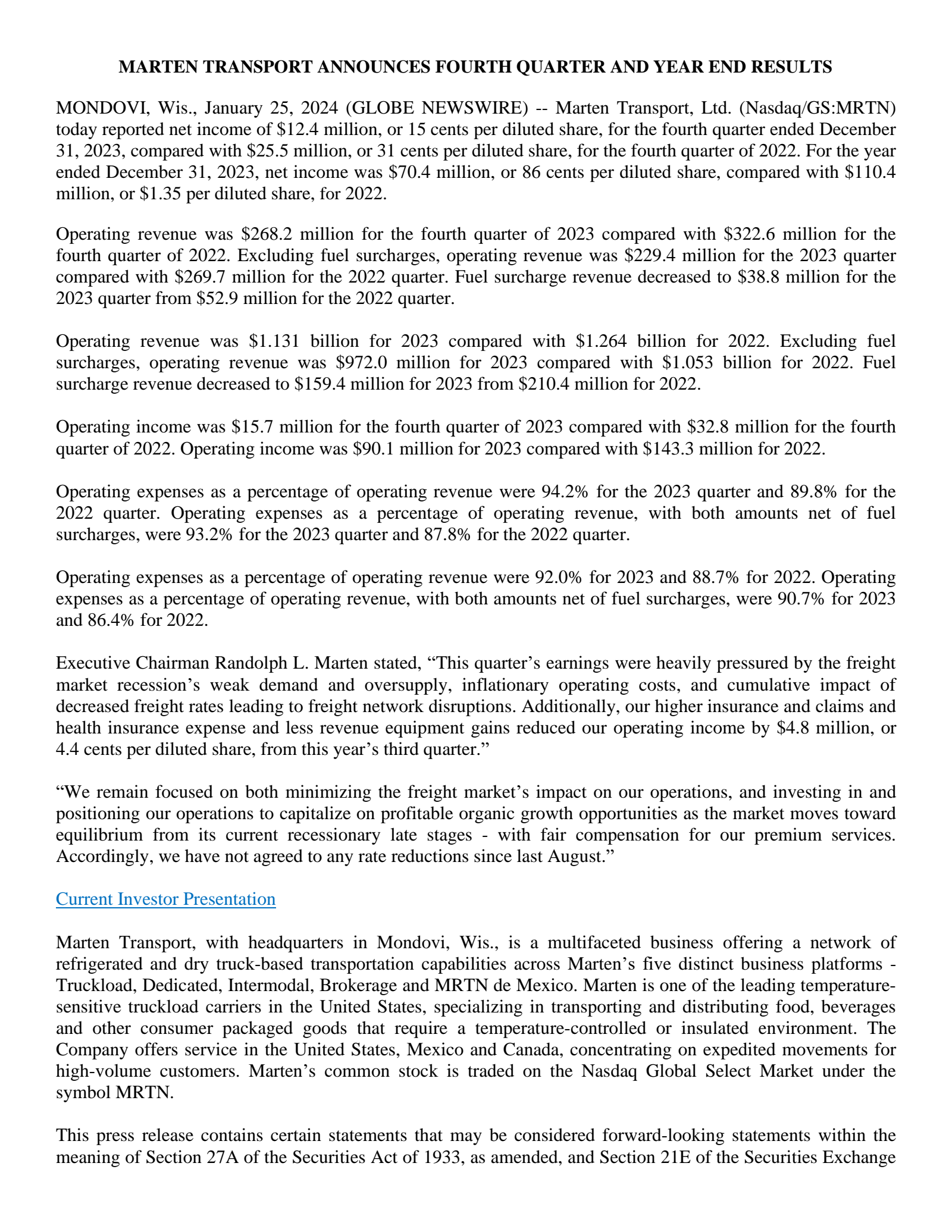 Marten Transport's Q4 2023 Press Release