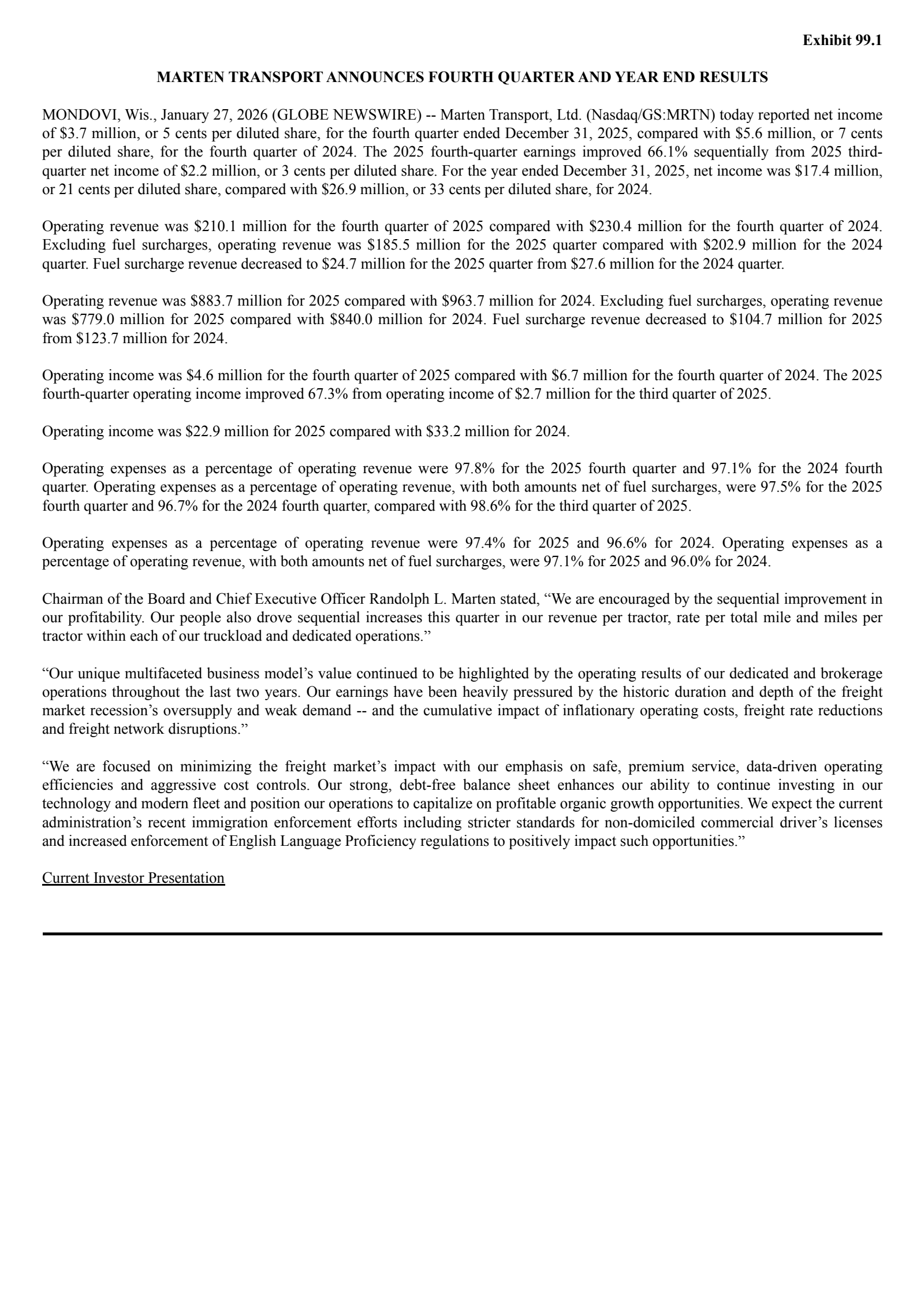 Marten Transport's Q4 2025 Press Release