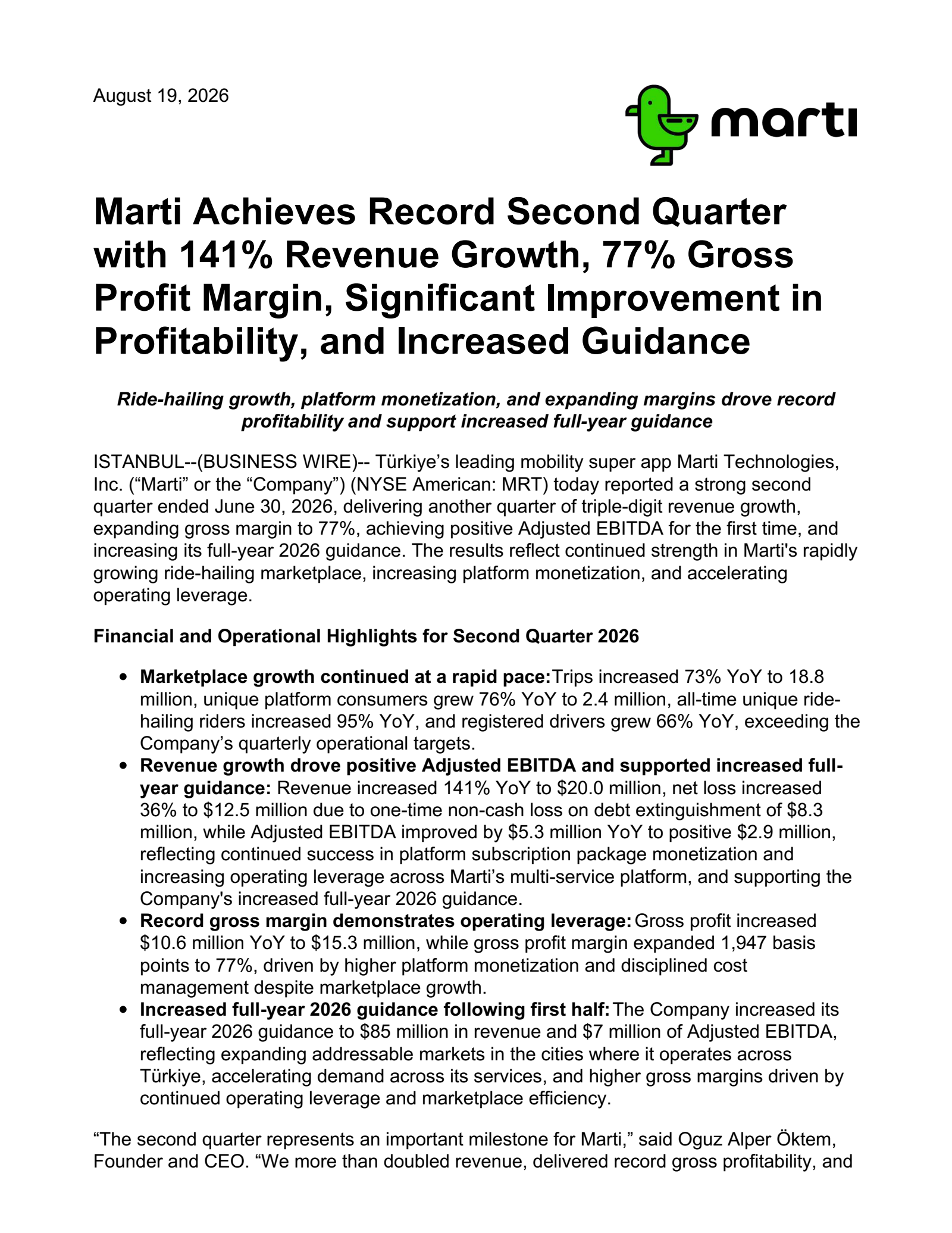 Marti Technologies' H1 2026 Press Release