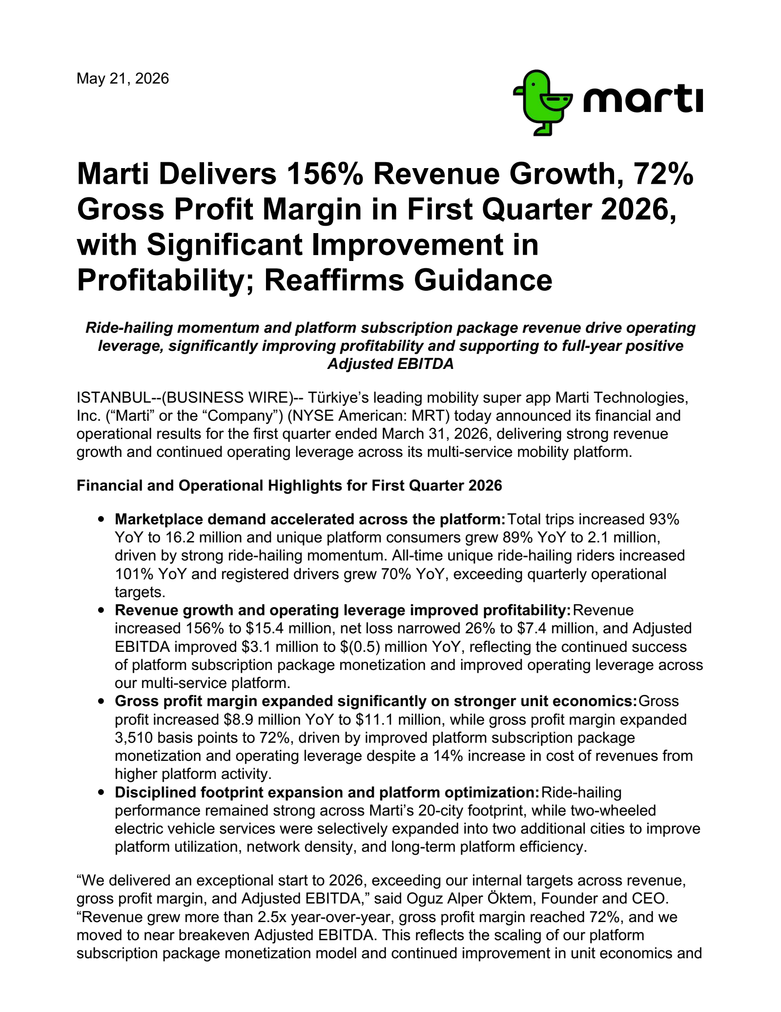 Marti Technologies' Q1 2026 Press Release