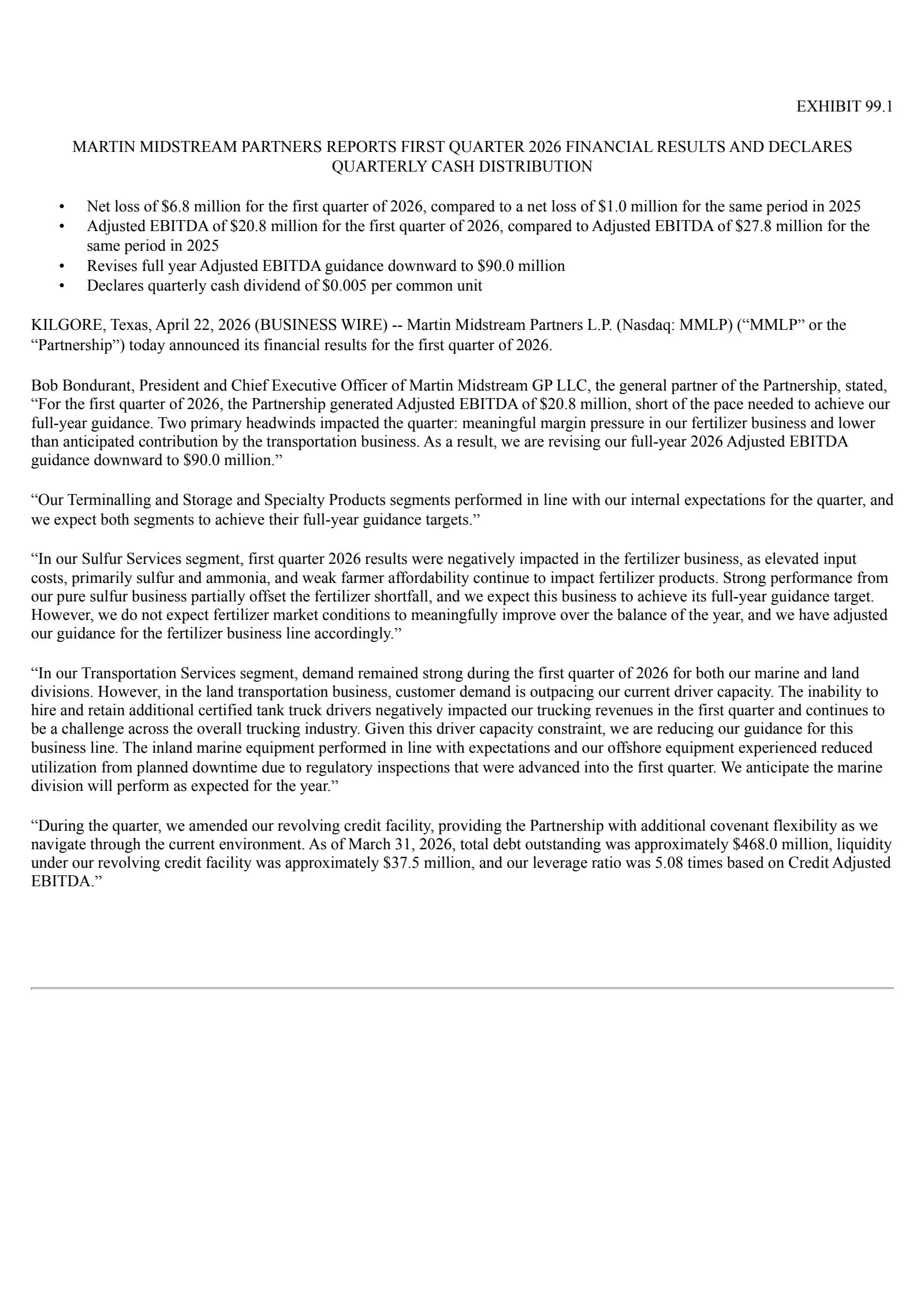 Martin Midstream Partners' Q1 2026 Press Release