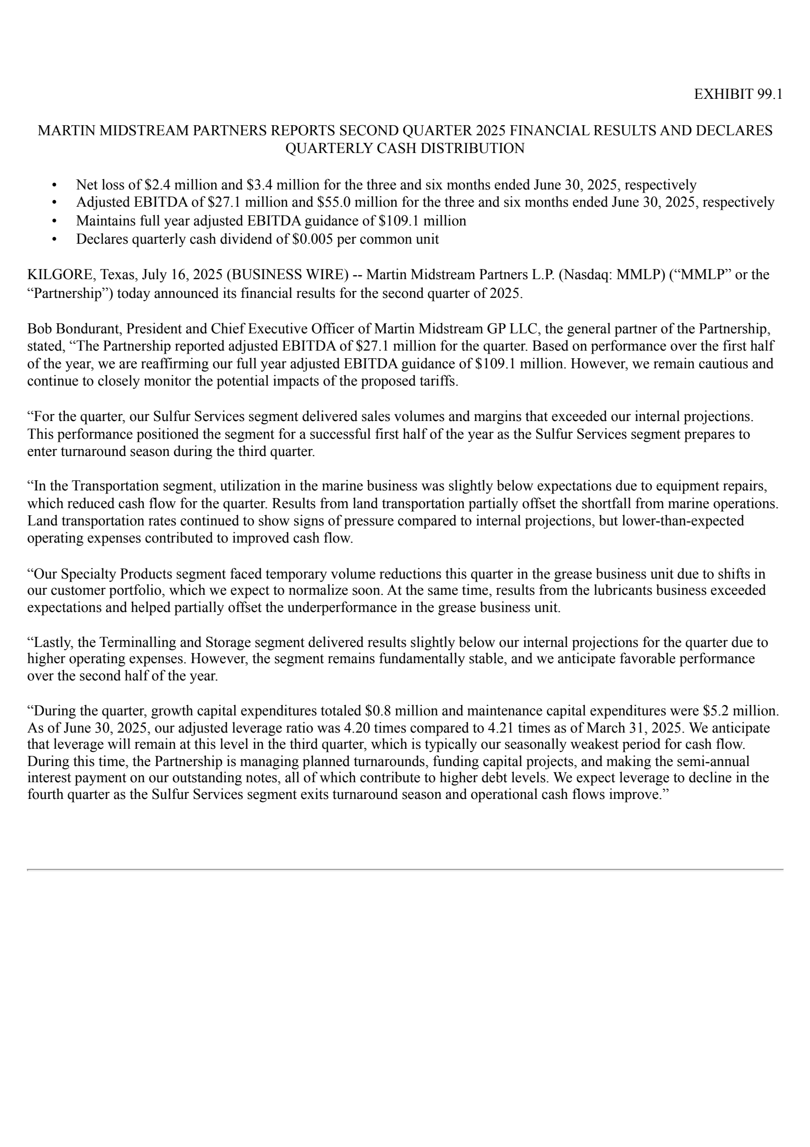 Martin Midstream Partners' Q2 2025 Press Release