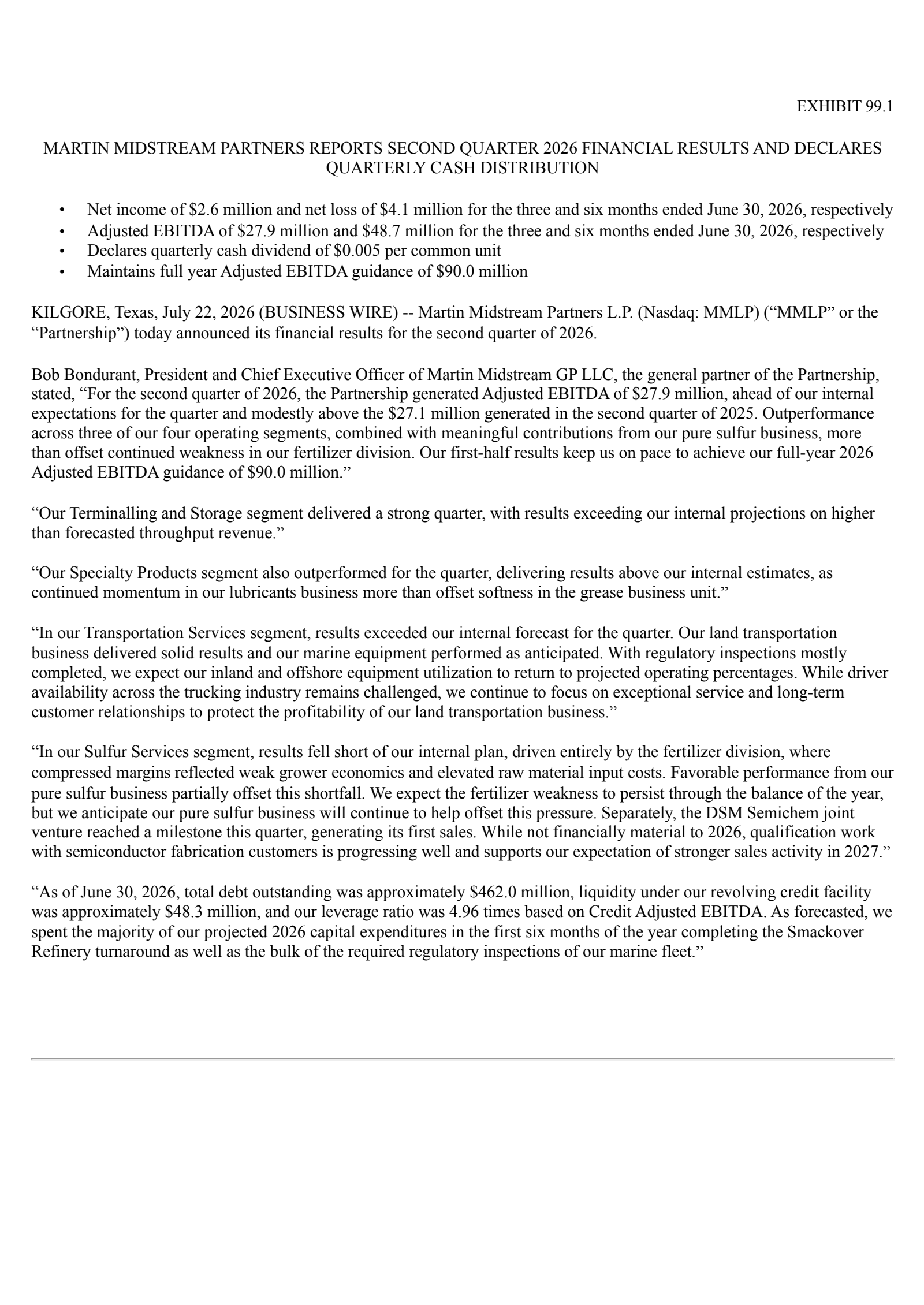 Martin Midstream Partners' Q2 2026 Press Release