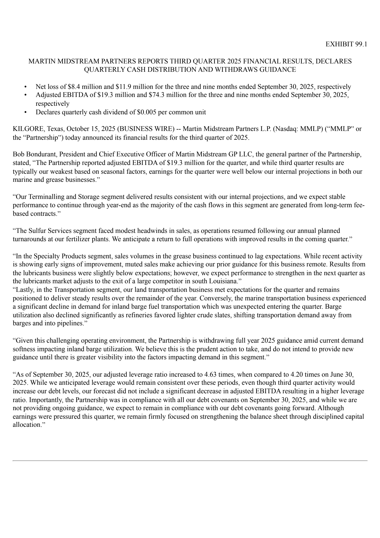 Martin Midstream Partners' Q3 2025 Earnings Release
