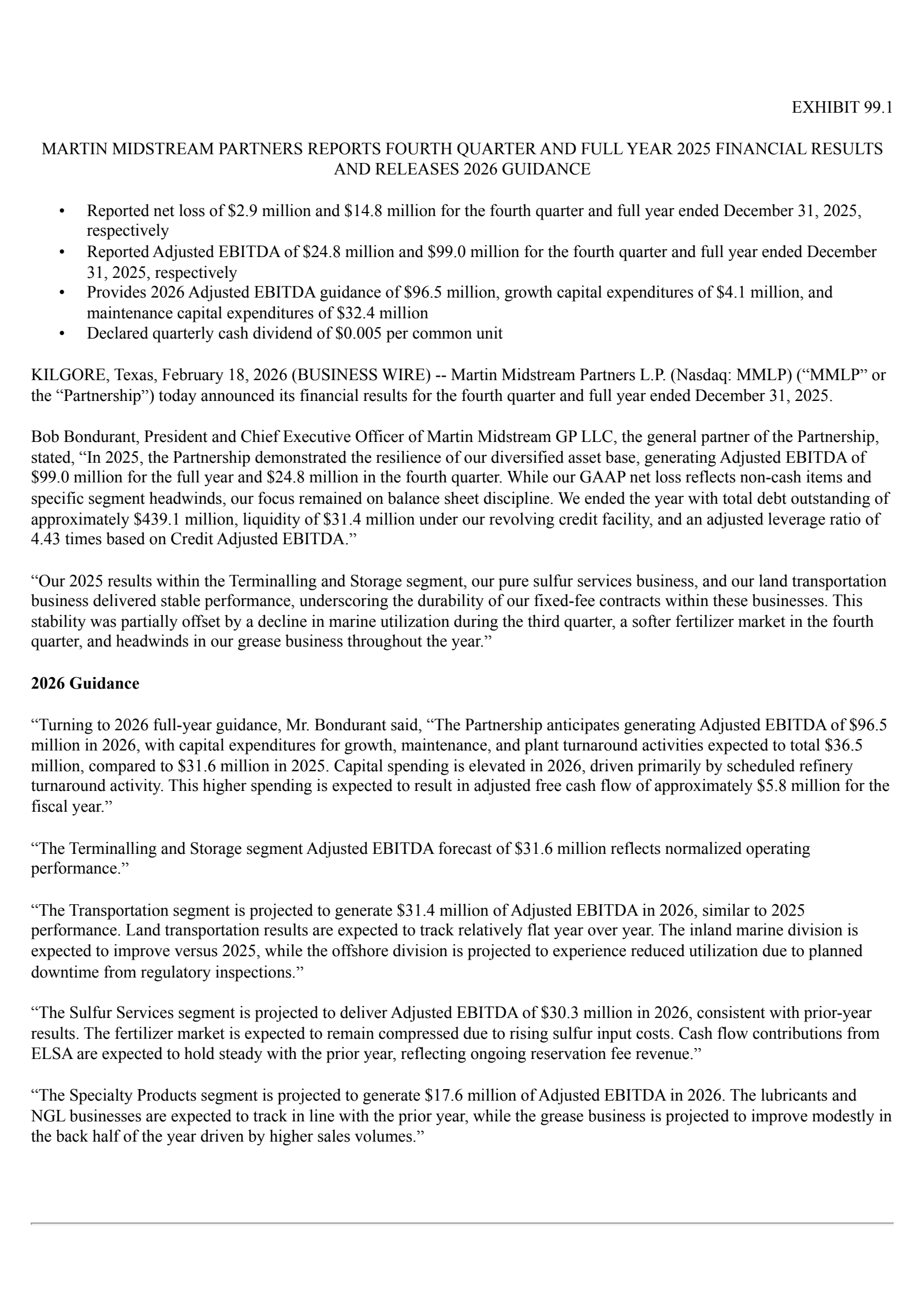 Martin Midstream Partners' Q4 2025 Press Release