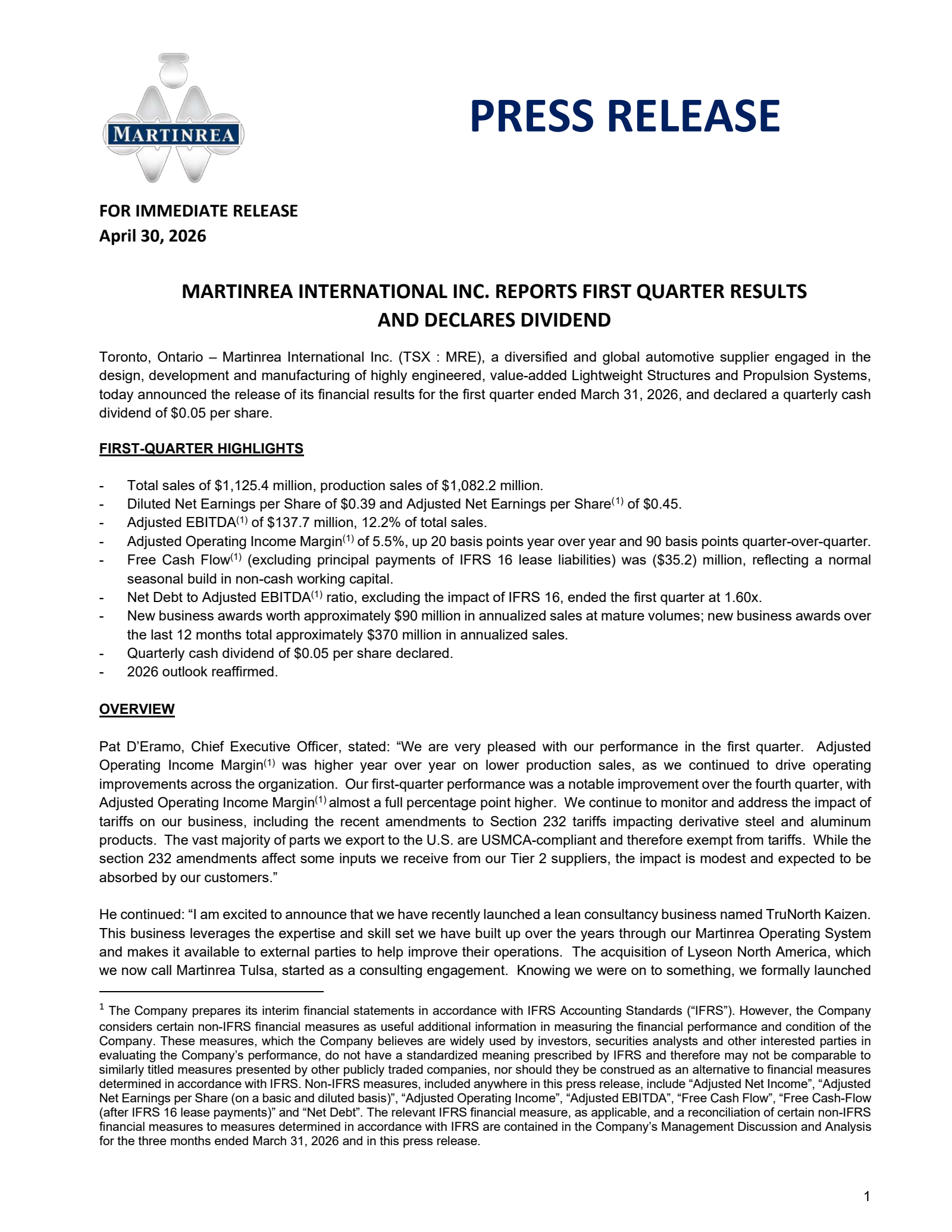 Martinrea International's Q1 2026 Press Release