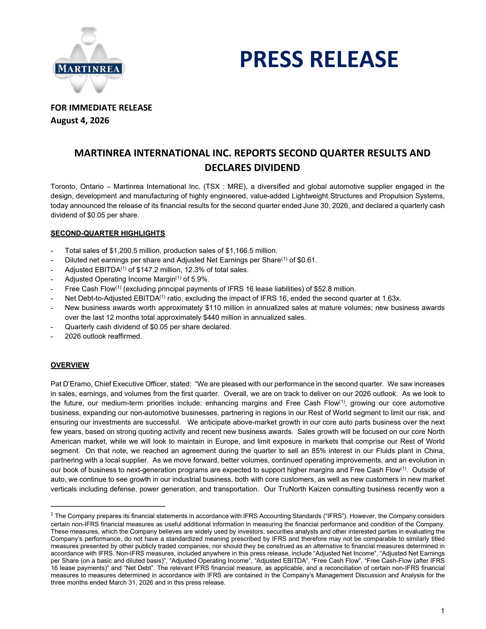 Martinrea International's Q2 2026 Press Release