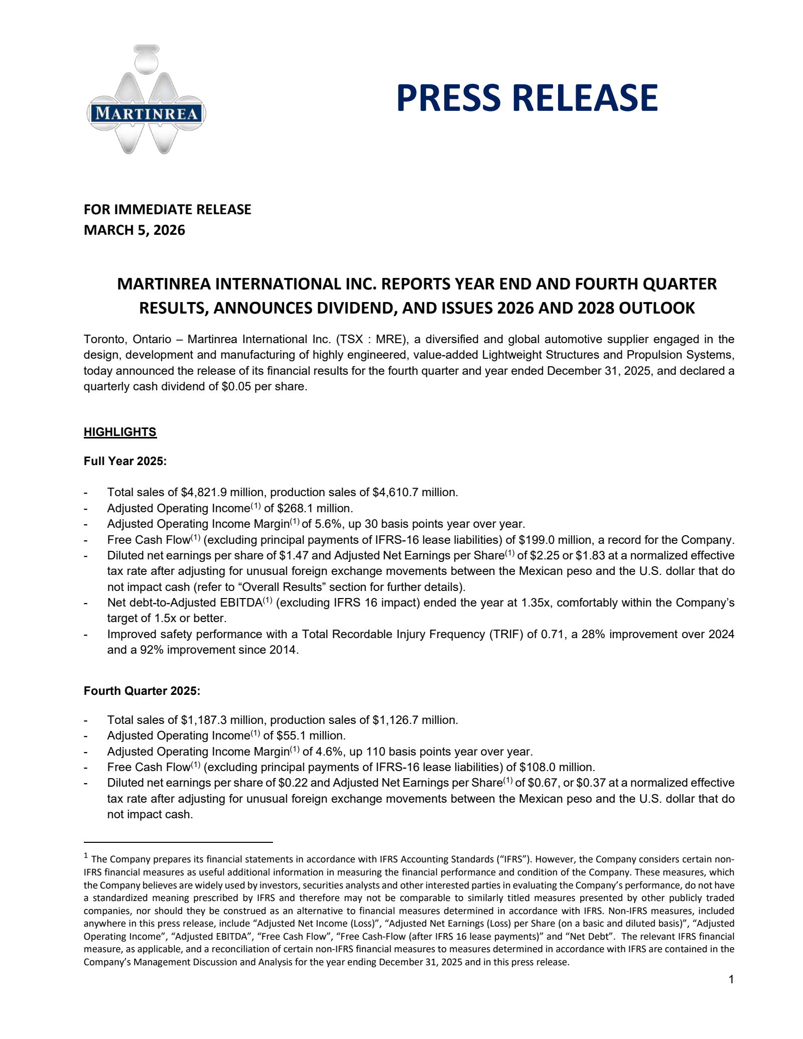 Martinrea International's Q4 2025 Press Release