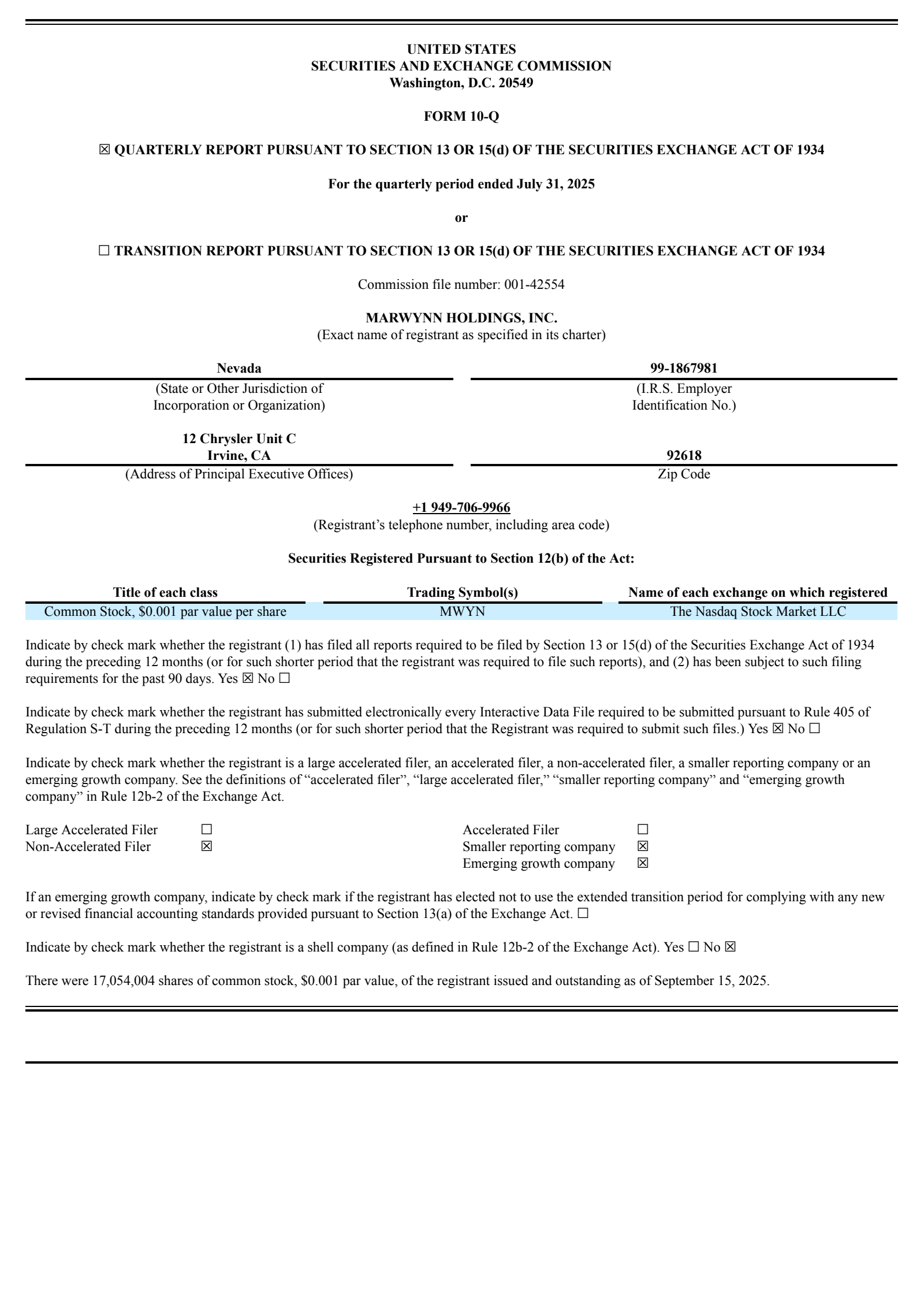 Marwynn's Q1 2026 Quarterly report