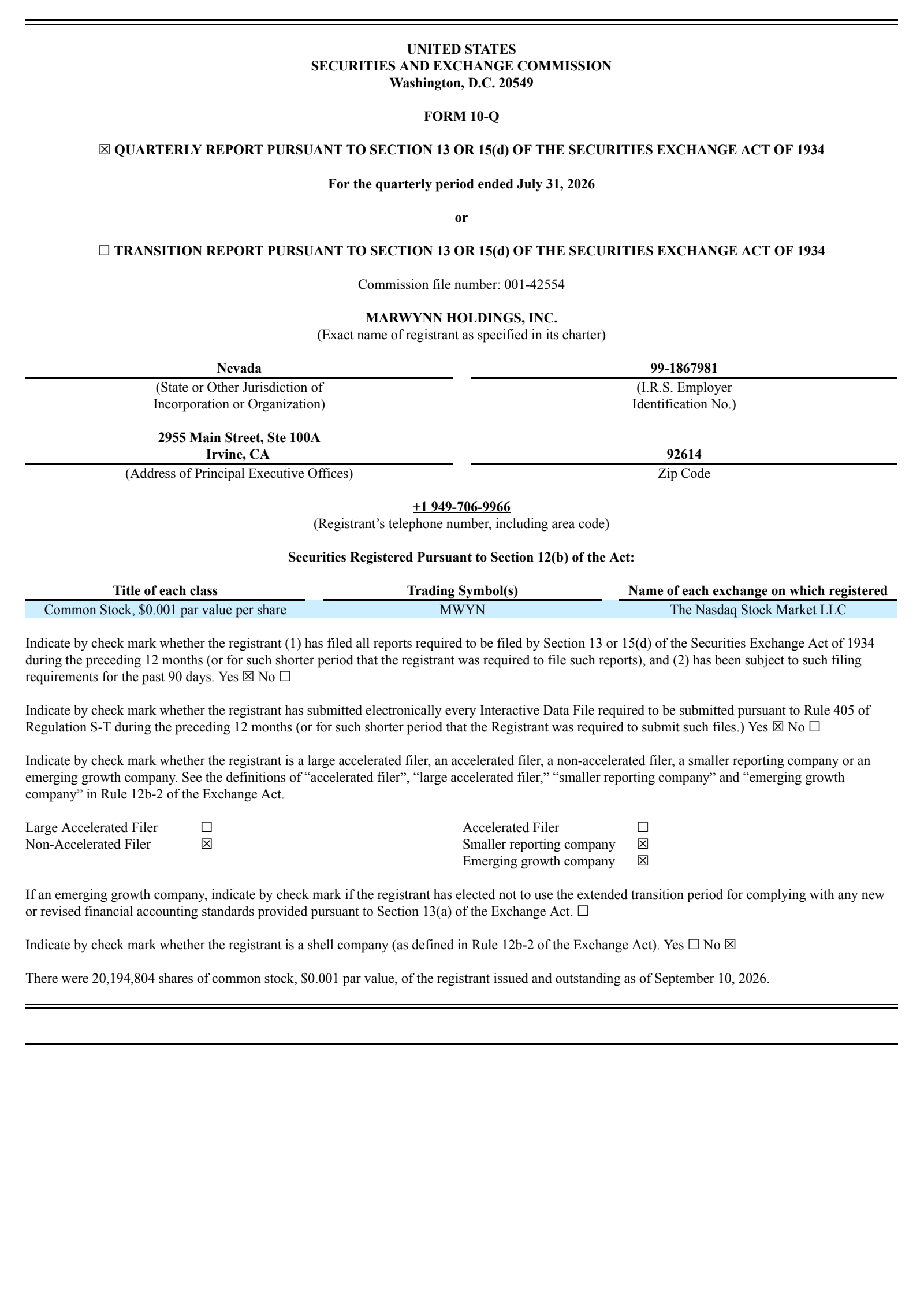 Marwynn's Q1 2027 Quarterly report