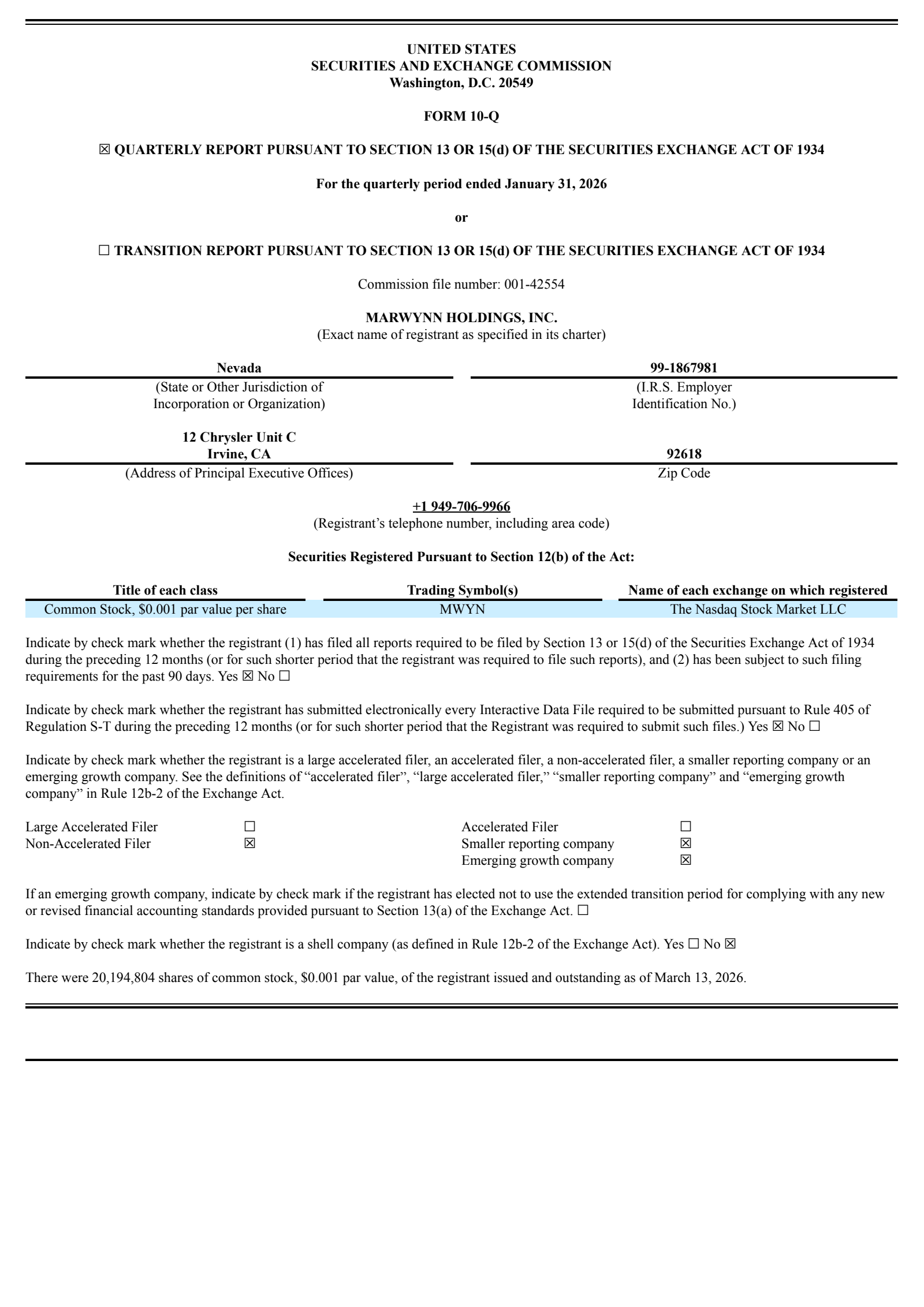 Marwynn's Q3 2026 Quarterly report