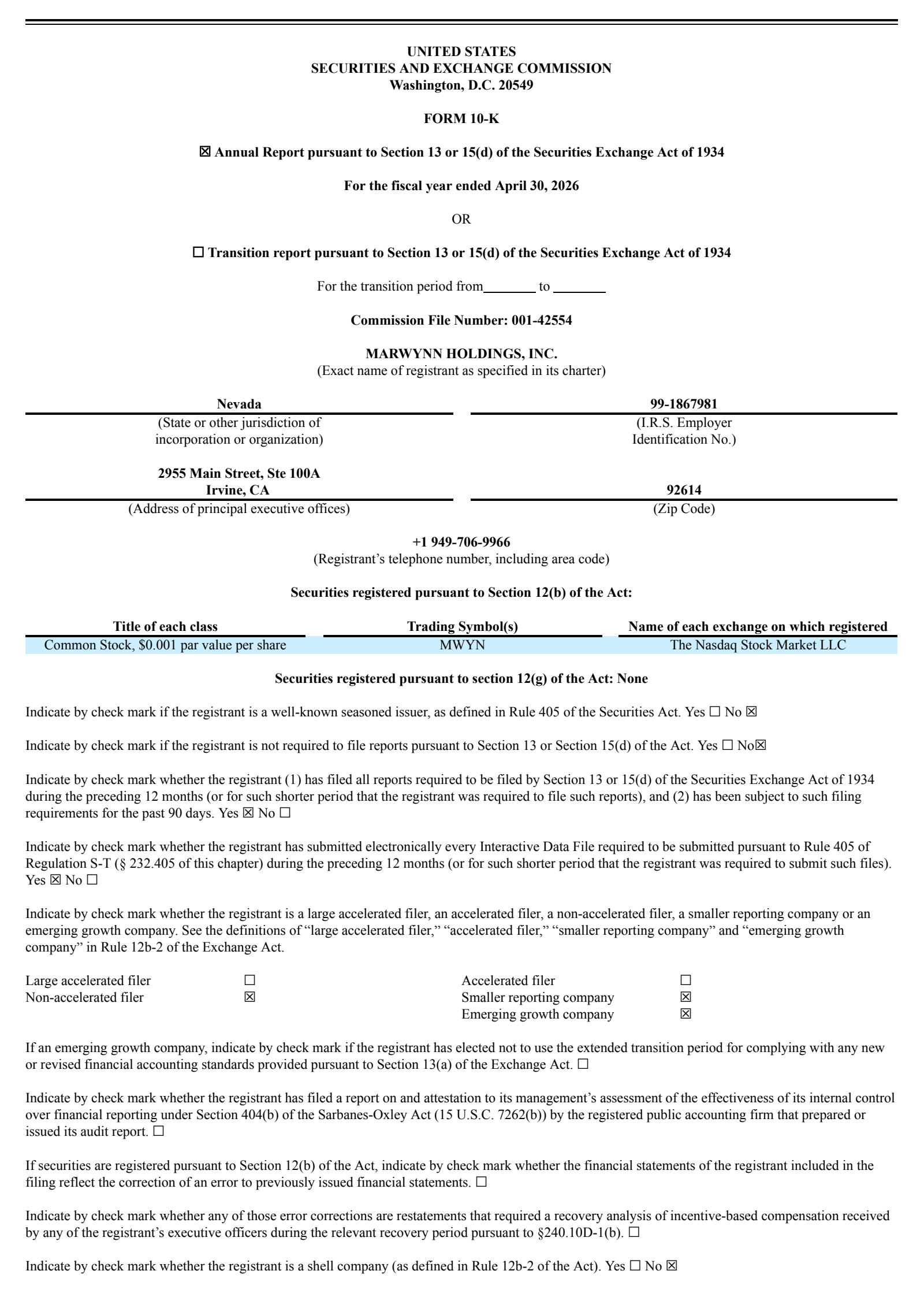 Marwynn's Q4 2026 Annual report