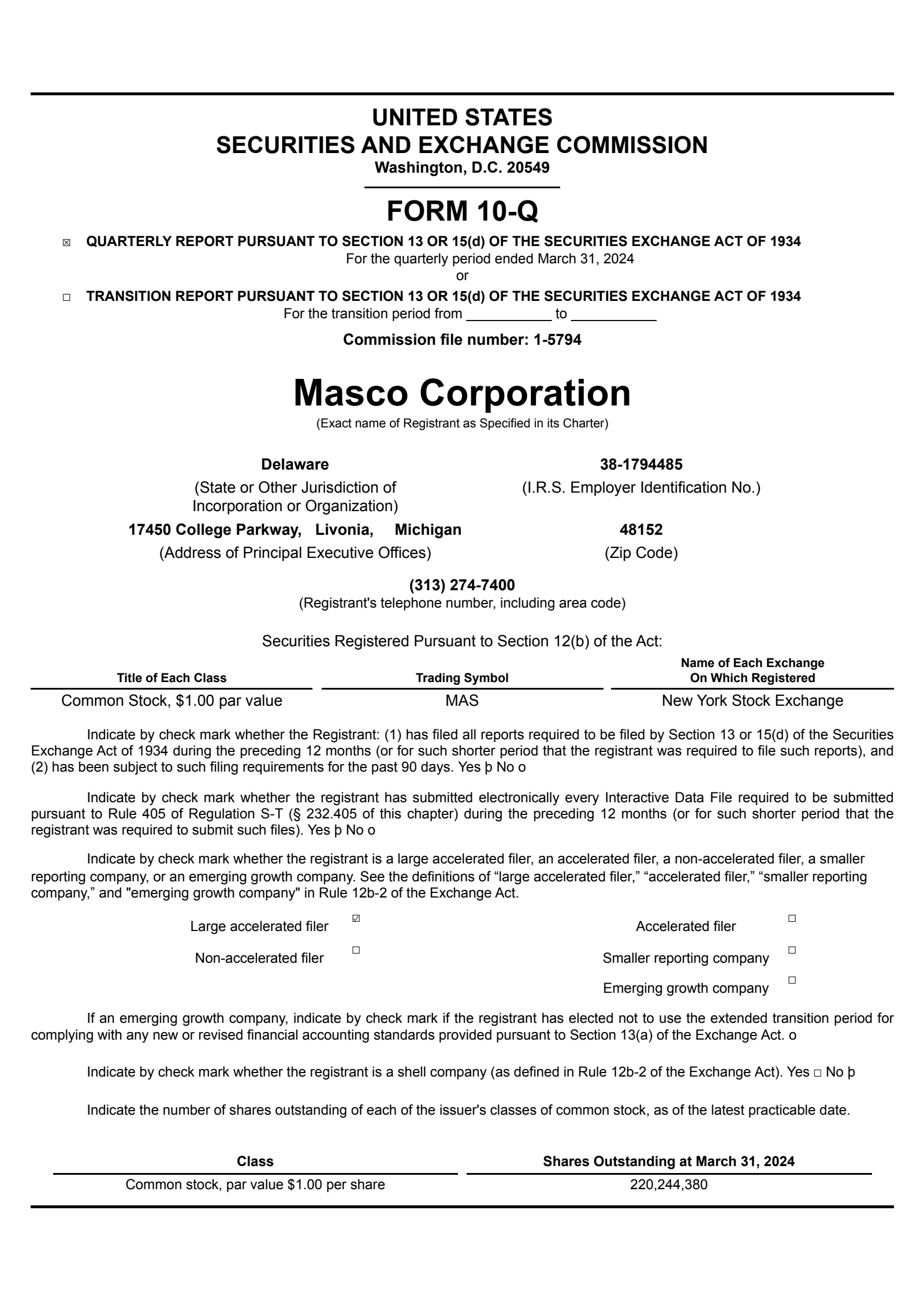 Masco's Q1 2024 Quarterly report