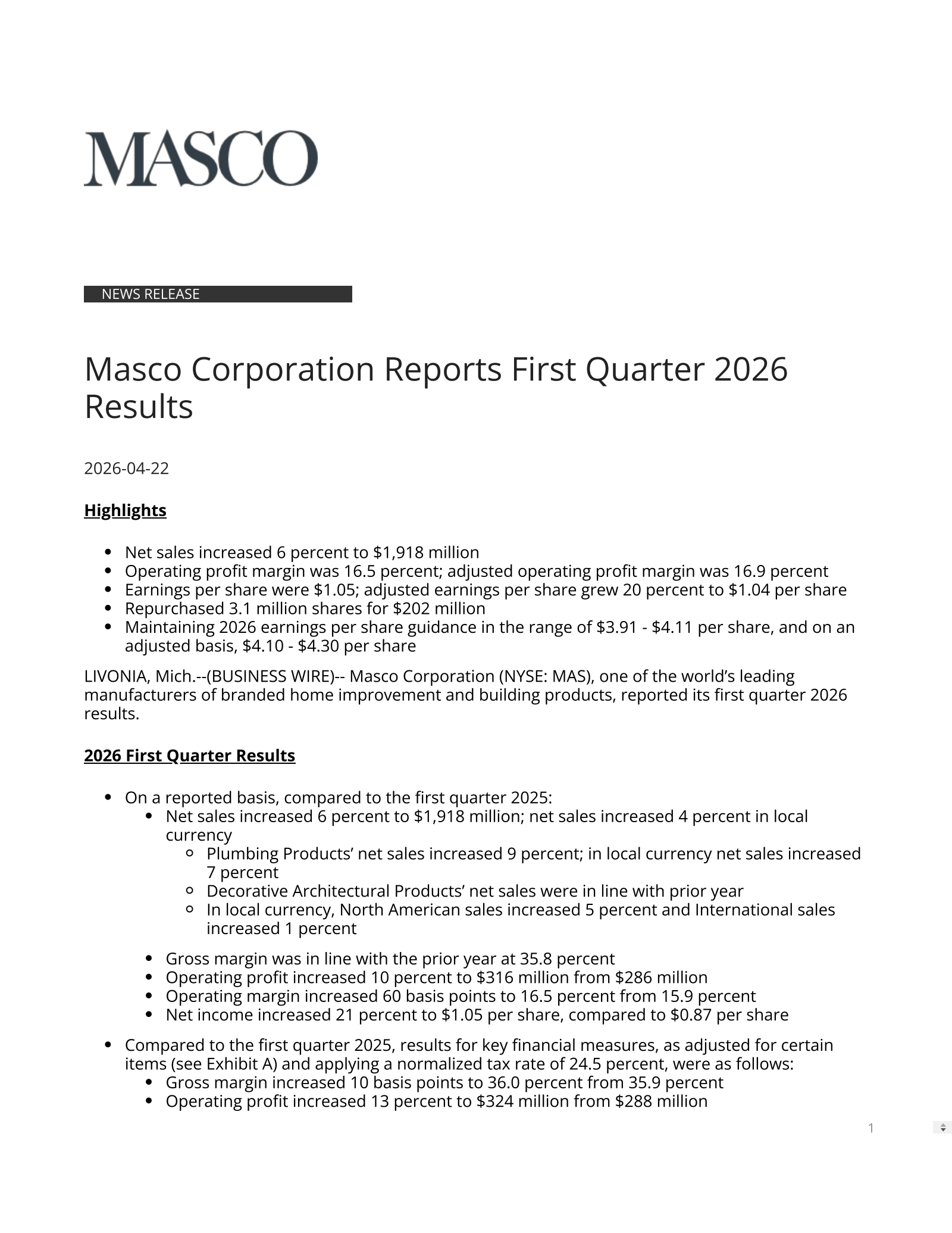 Masco's Q1 2026 Press Release