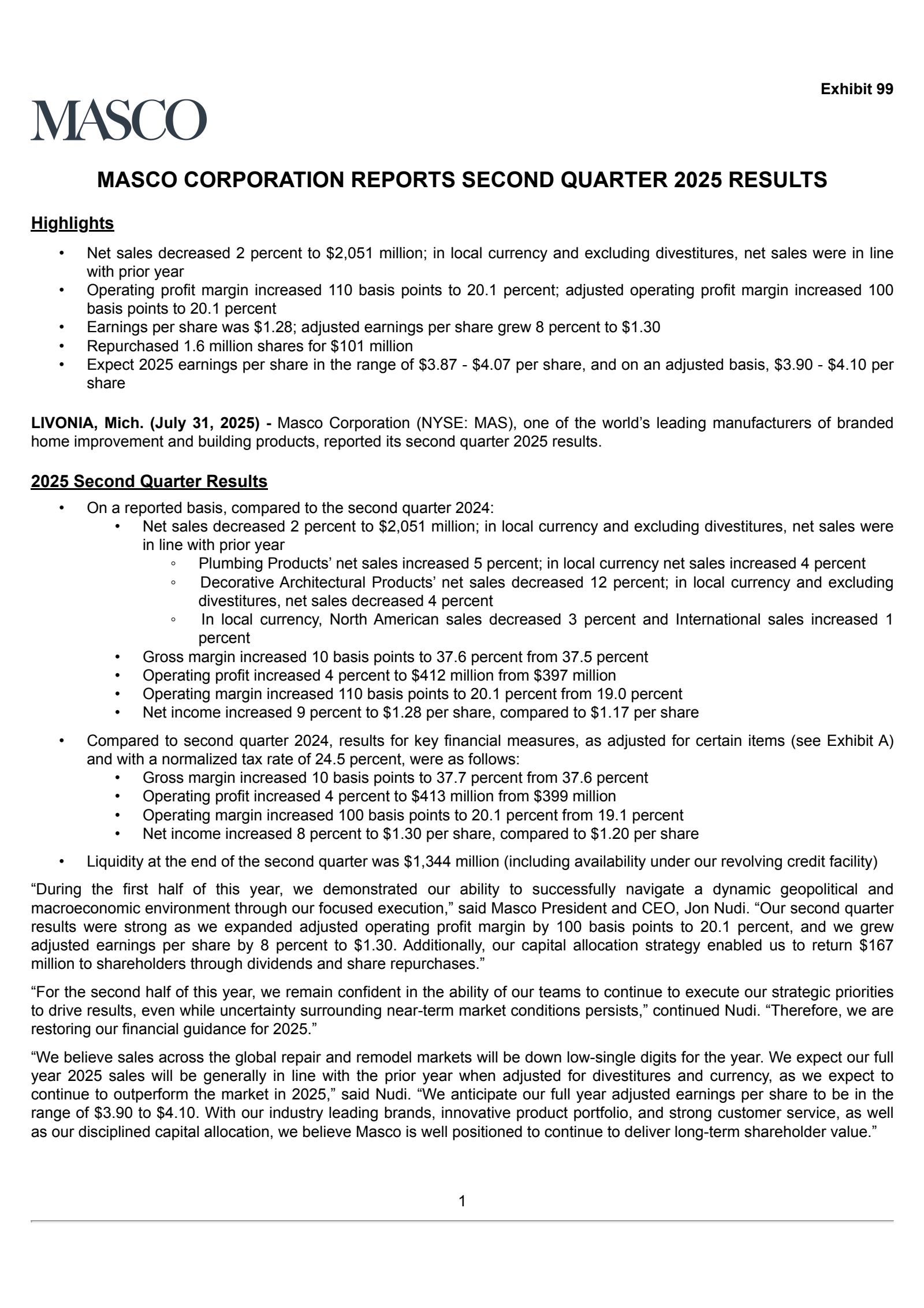 Masco's Q2 2025 Press Release