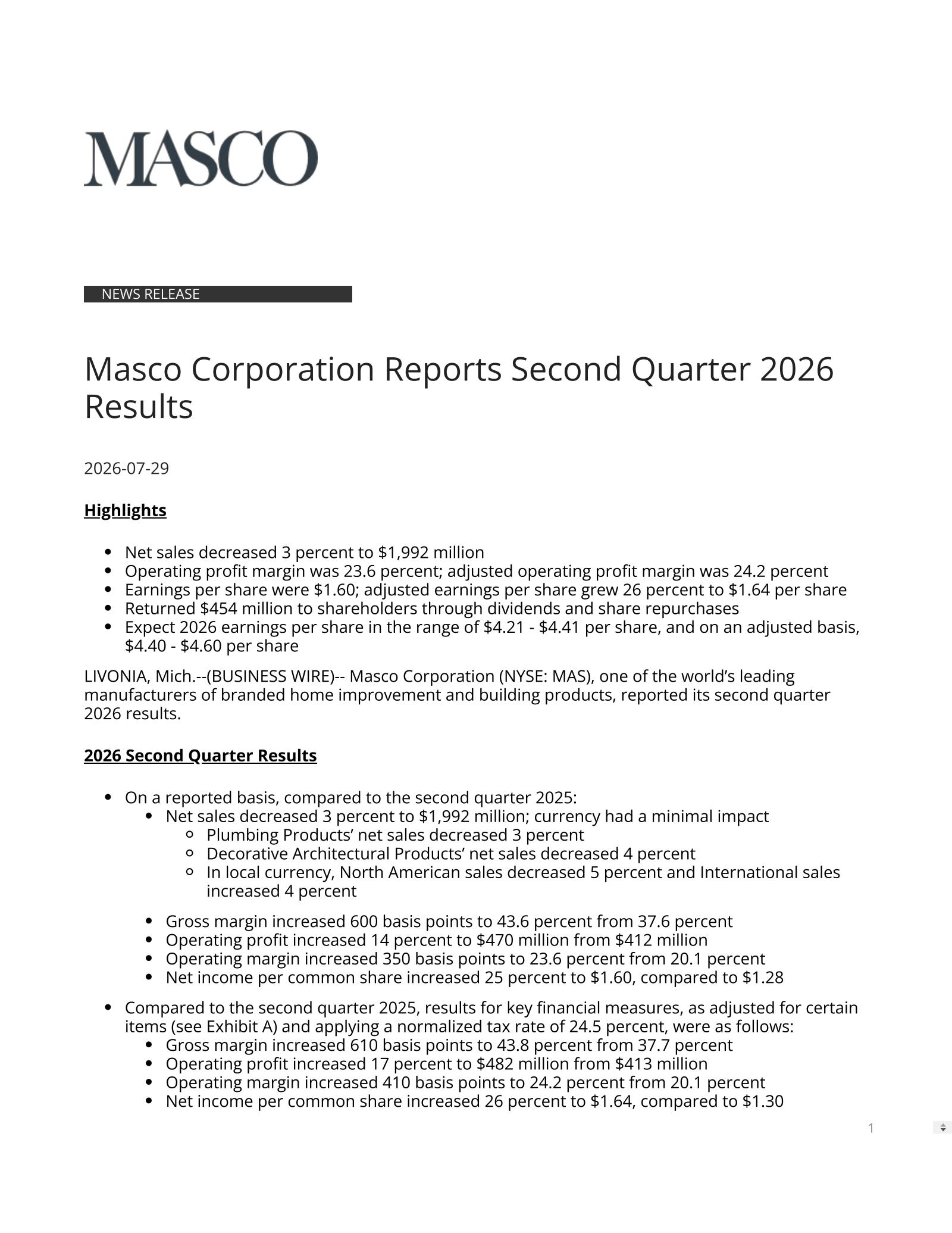 Masco's Q2 2026 Press Release