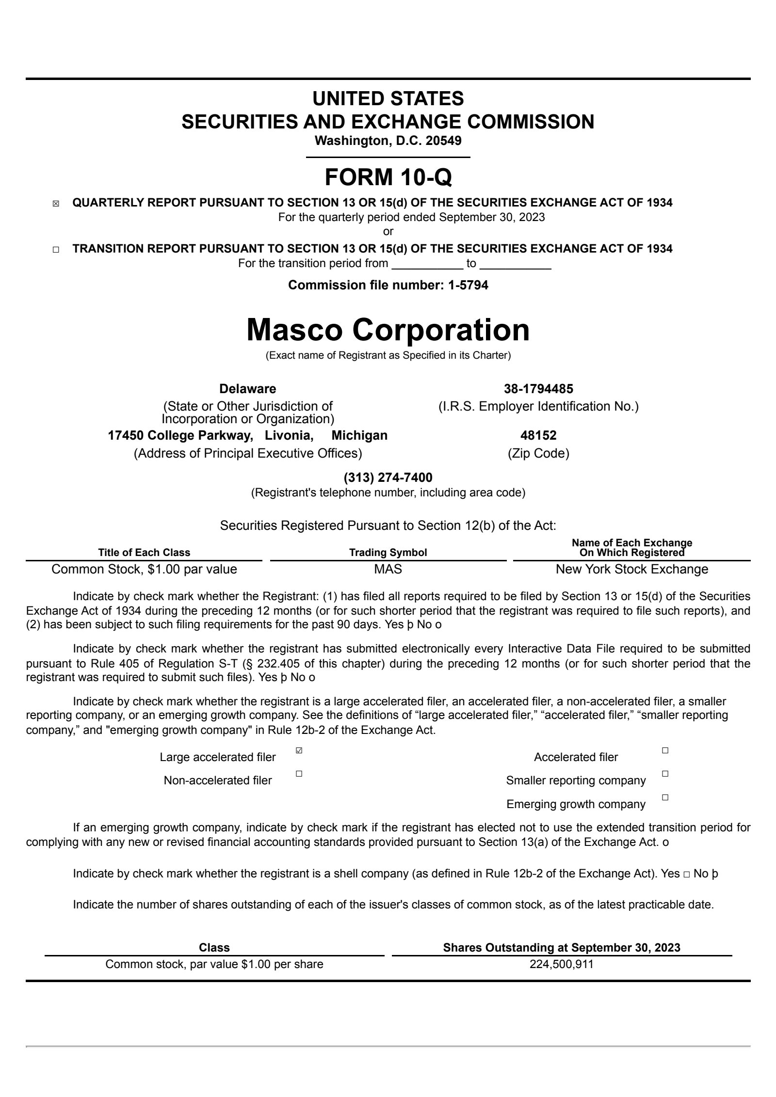 Masco's Q3 2023 Quarterly report
