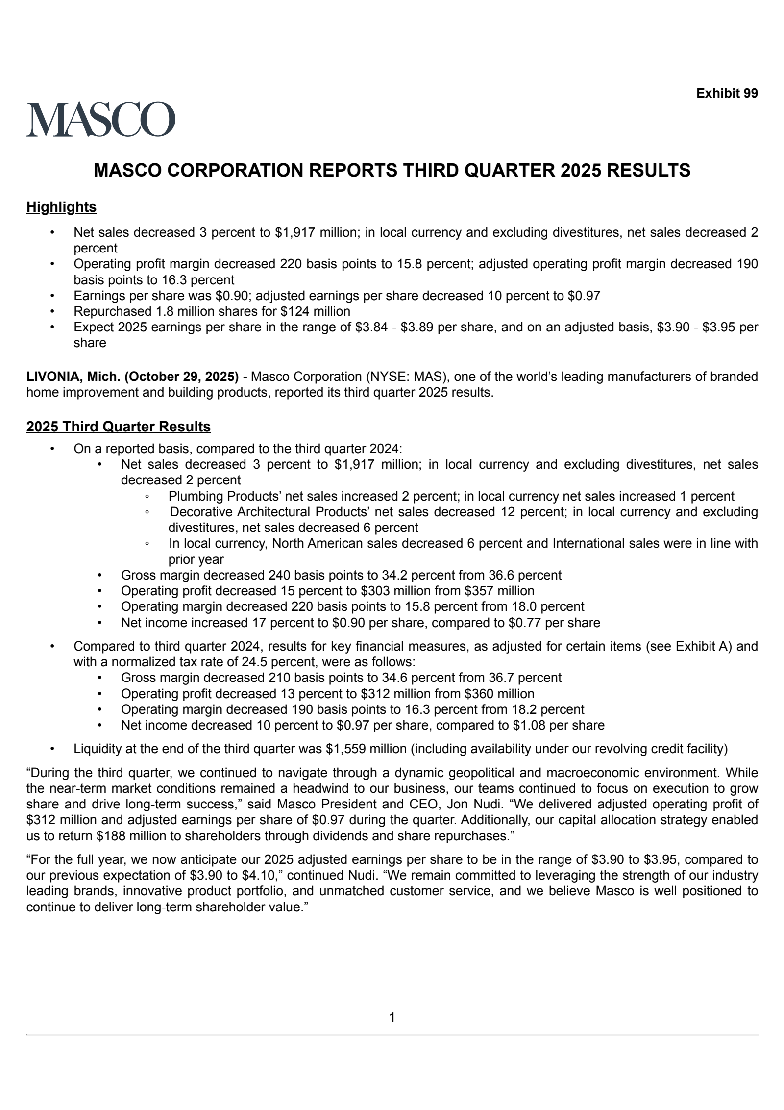 Masco's Q3 2025 Earnings Release