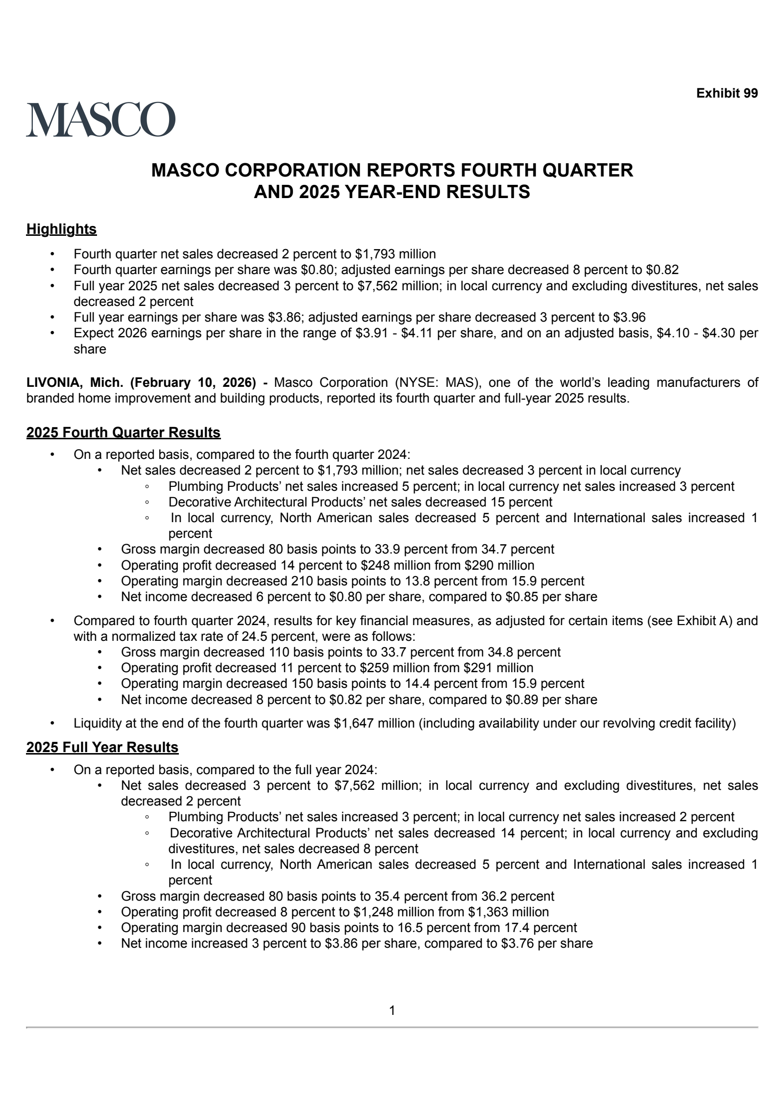 Masco's Q4 2025 Press Release