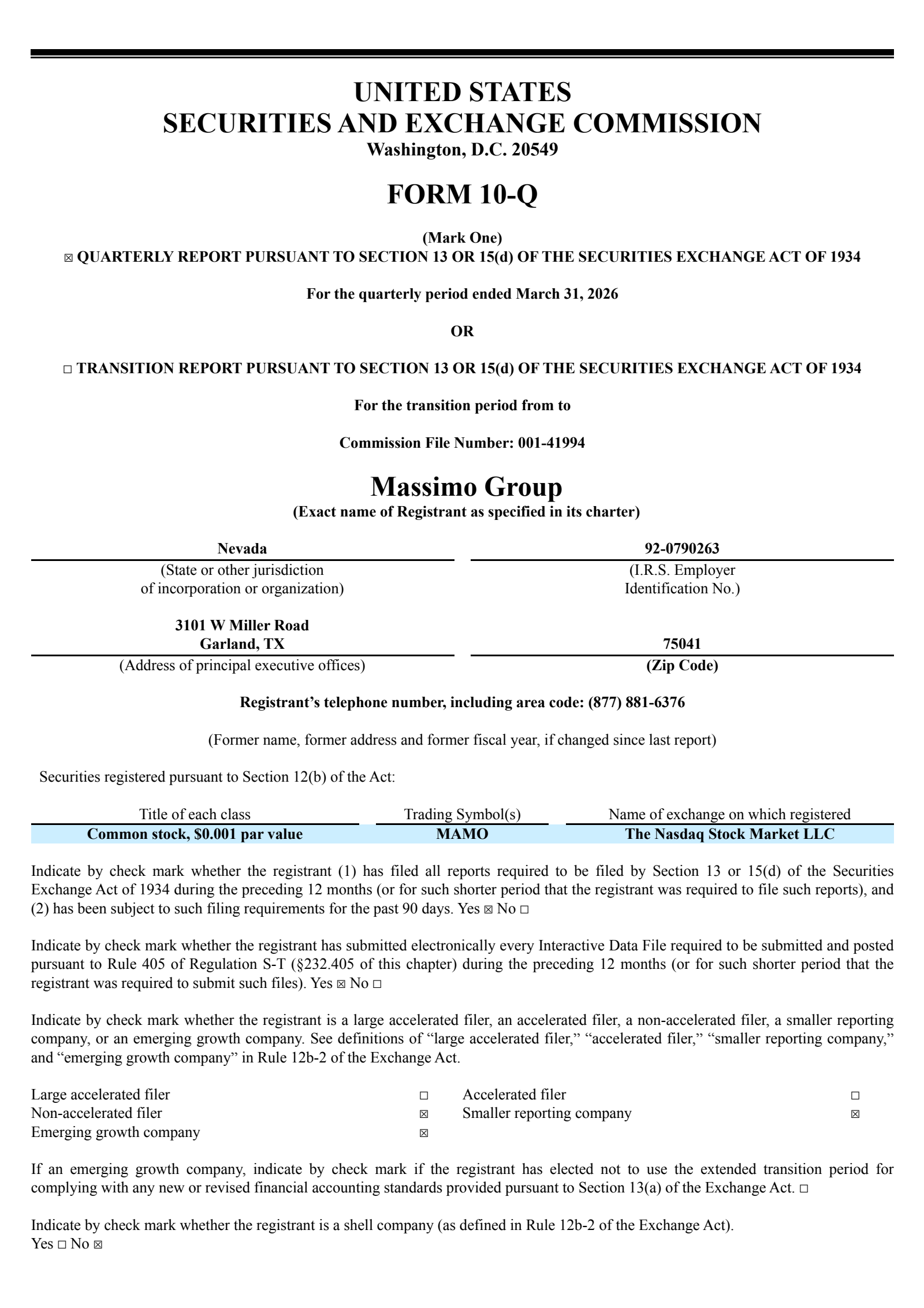 Massimo Group's Q1 2026 Quarterly report