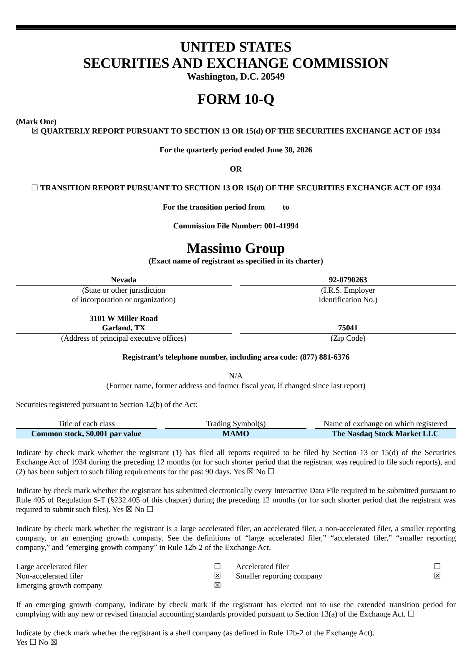Massimo Group's Q2 2026 Quarterly report