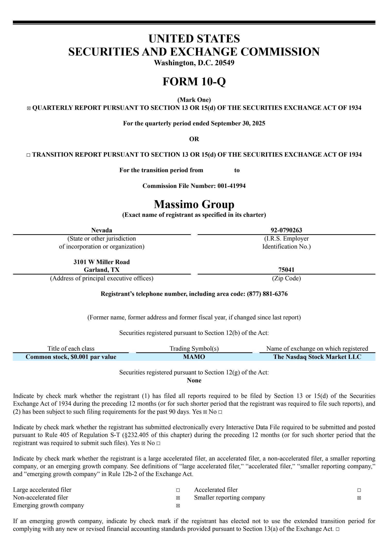Massimo Group's Q3 2025 Quarterly Report