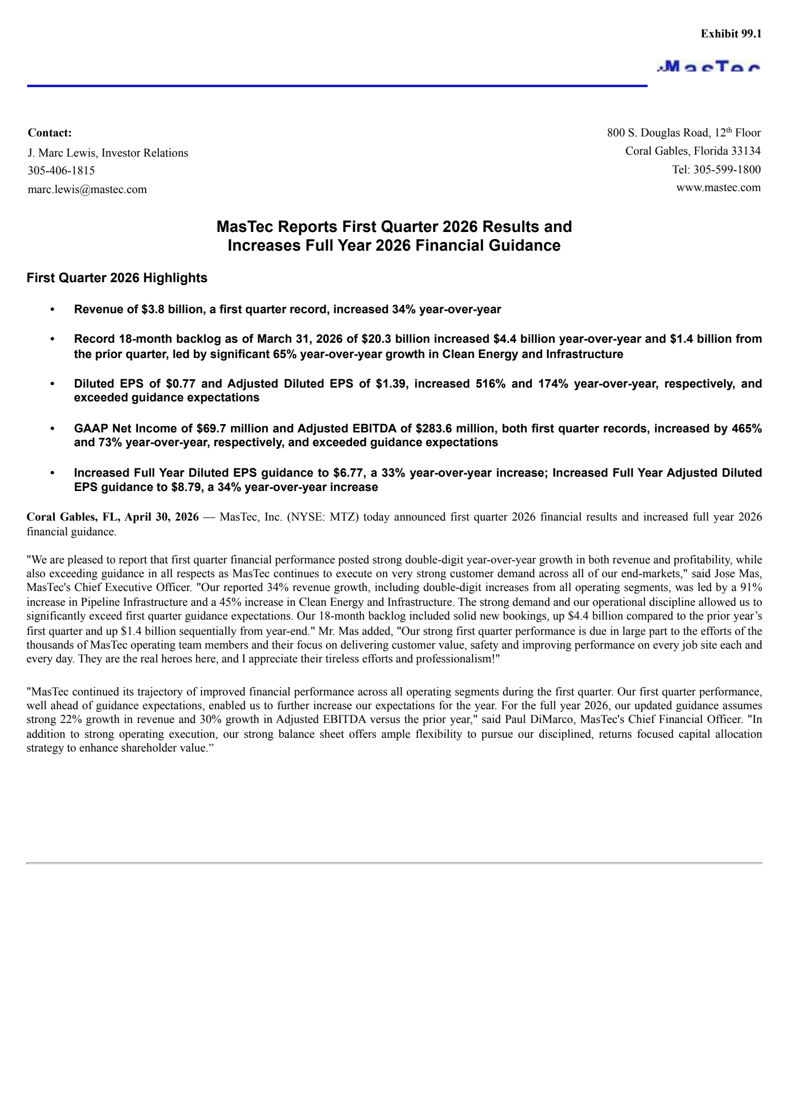 MasTec's Q1 2026 Press Release