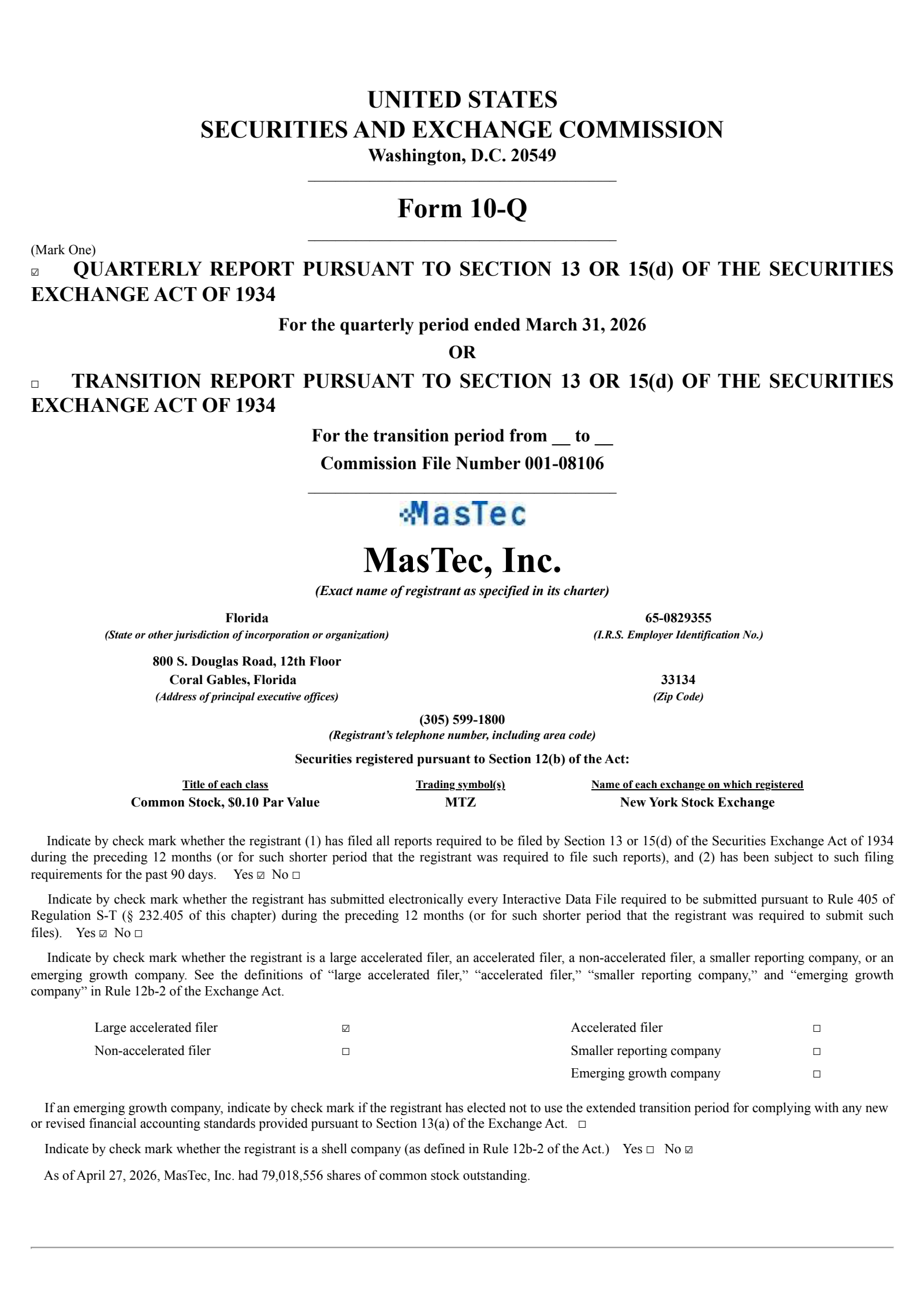 MasTec's Q1 2026 Quarterly report