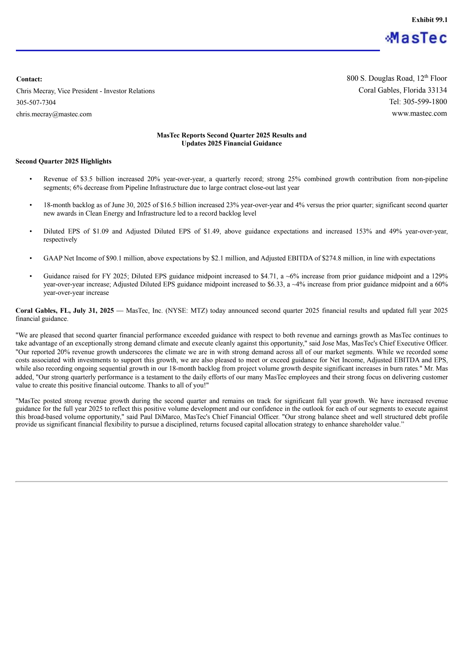 MasTec's Q2 2025 Press Release