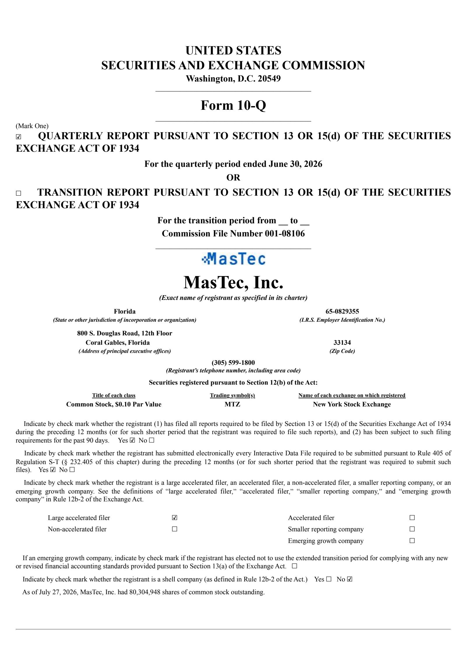 MasTec's Q2 2026 Quarterly report