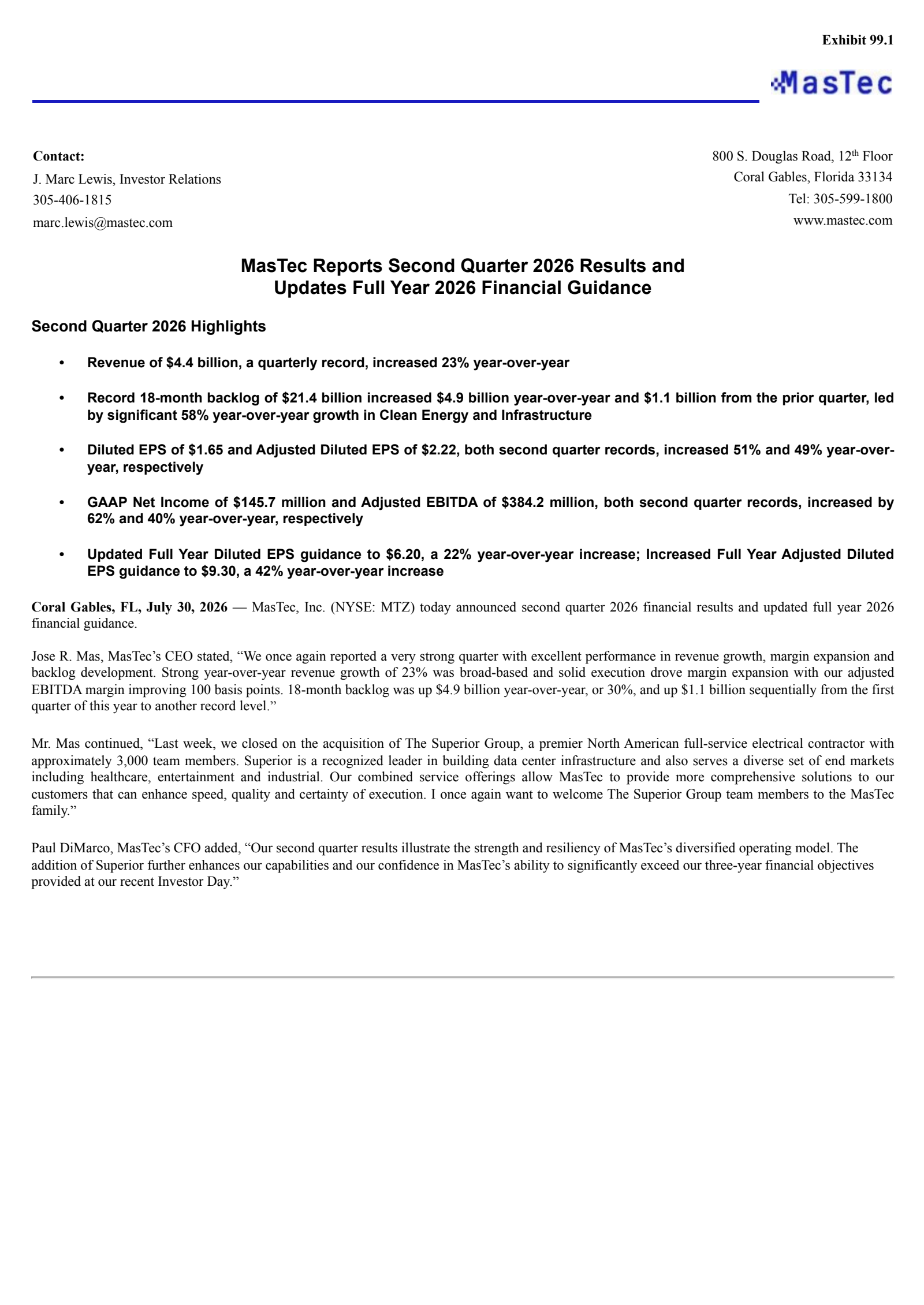 MasTec's Q2 2026 Press Release