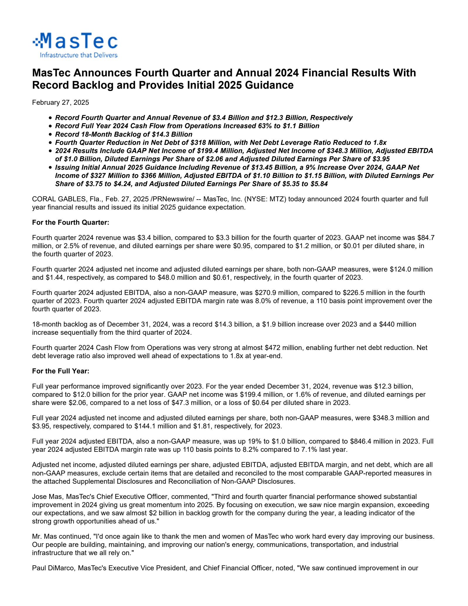 MasTec's Q4 2024 Press Release