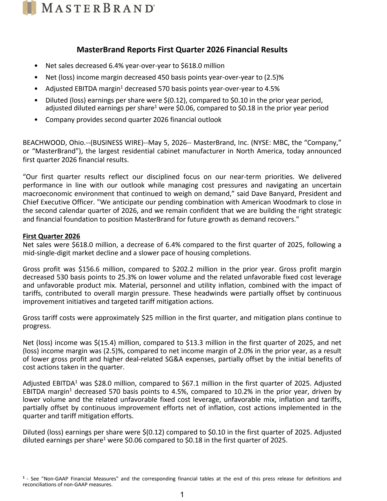 MasterBrand's Q1 2026 Press Release
