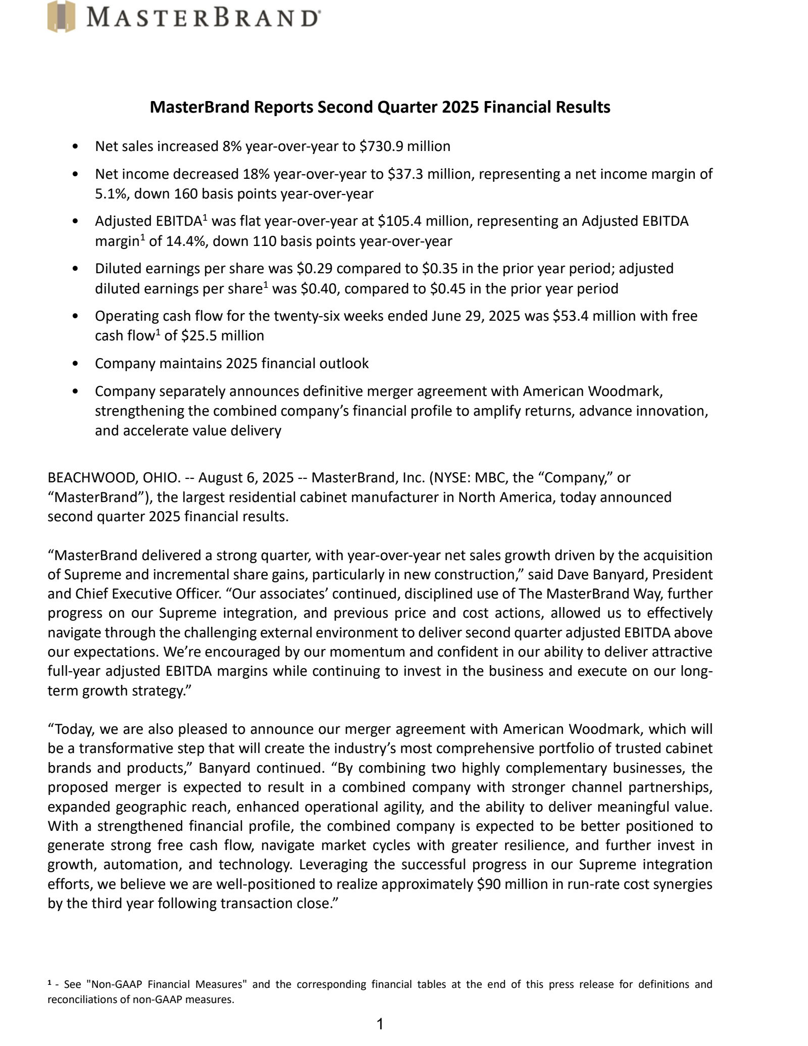 MasterBrand's Q2 2025 Press Release