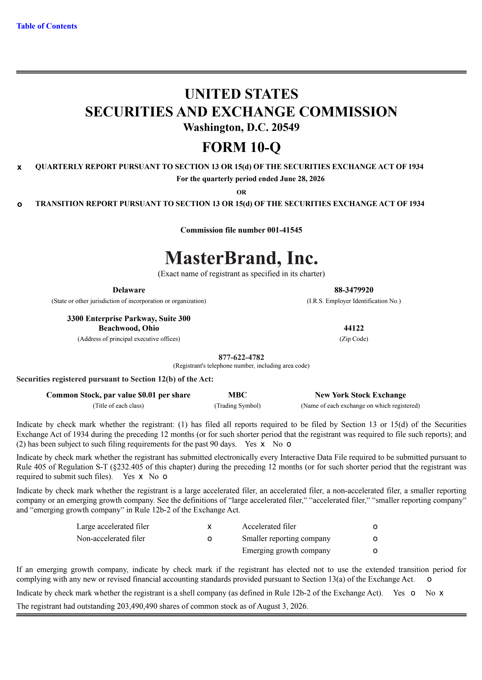 MasterBrand's Q2 2026 Quarterly report