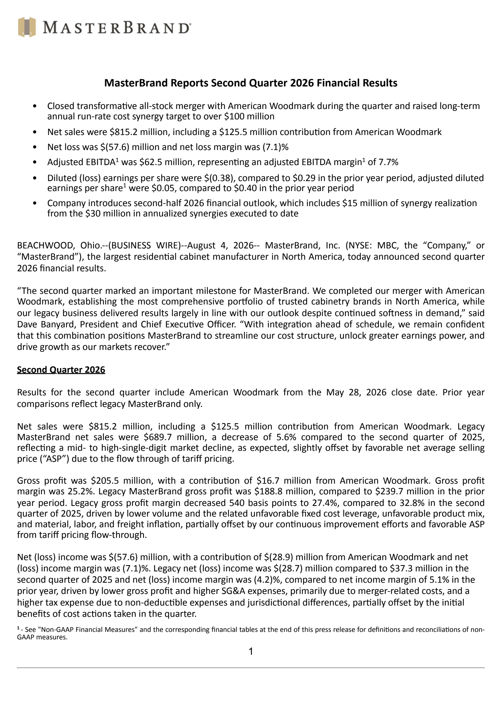 MasterBrand's Q2 2026 Press Release
