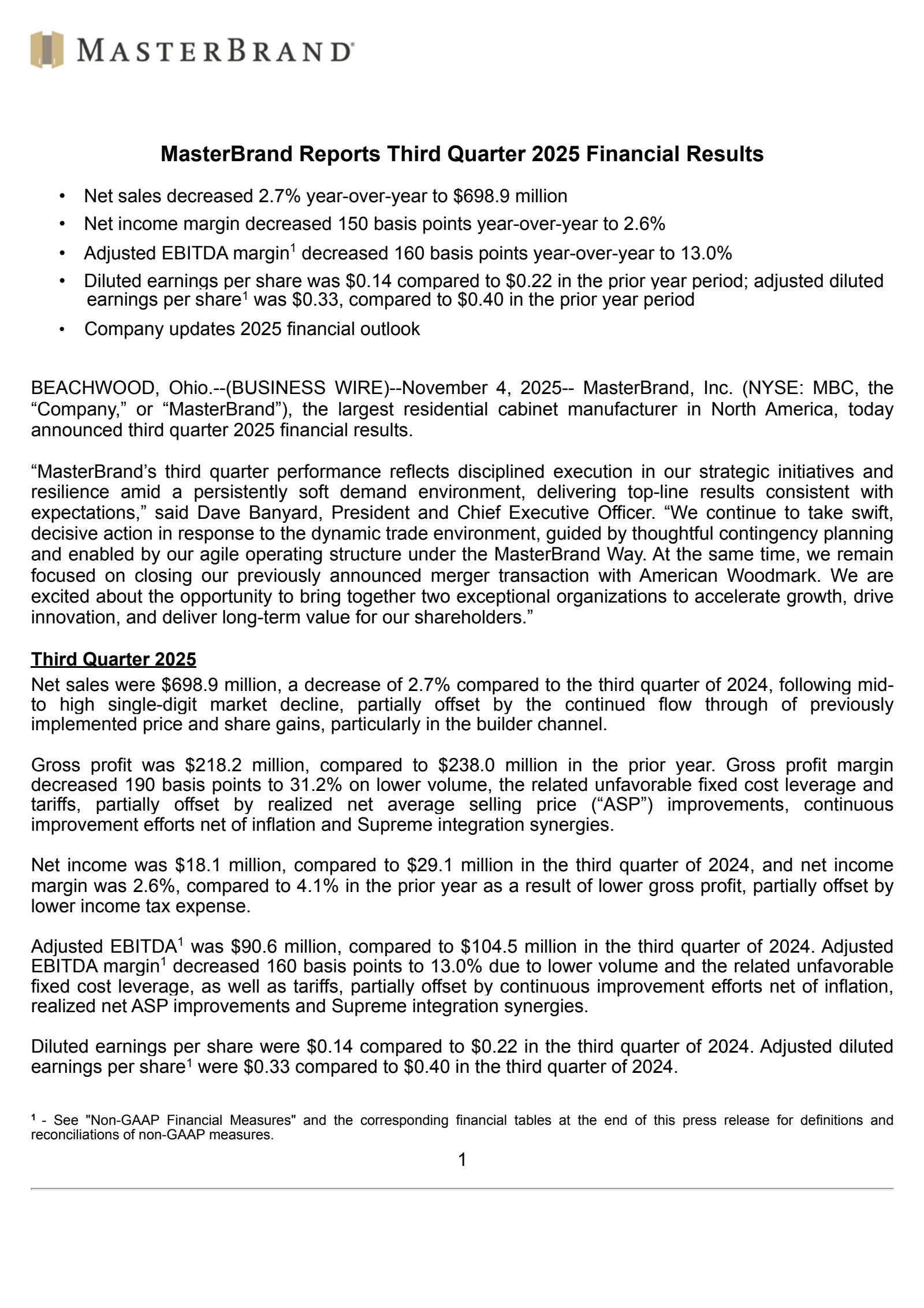 MasterBrand's Q3 2025 Earnings Release