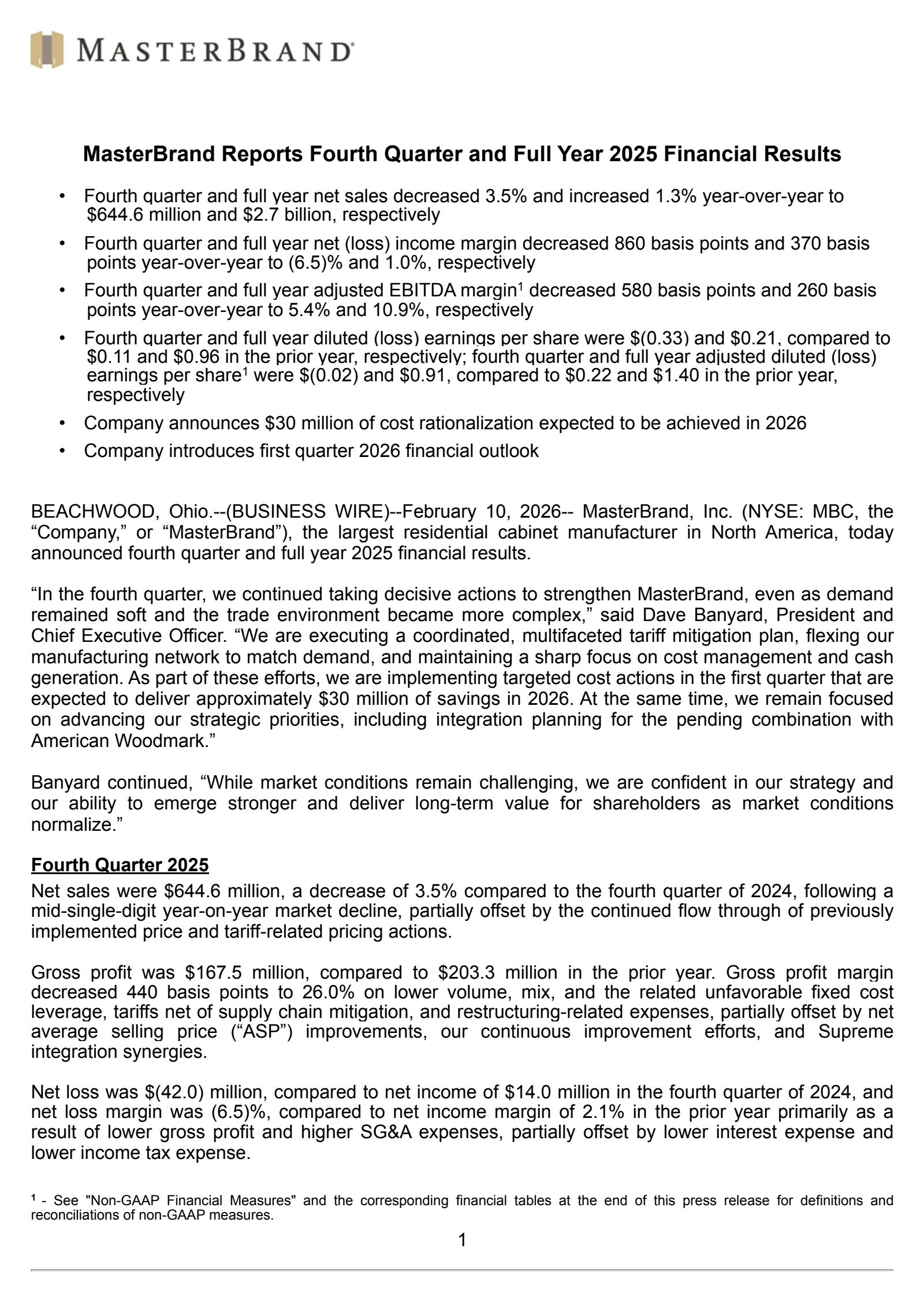 MasterBrand's Q4 2025 Press Release